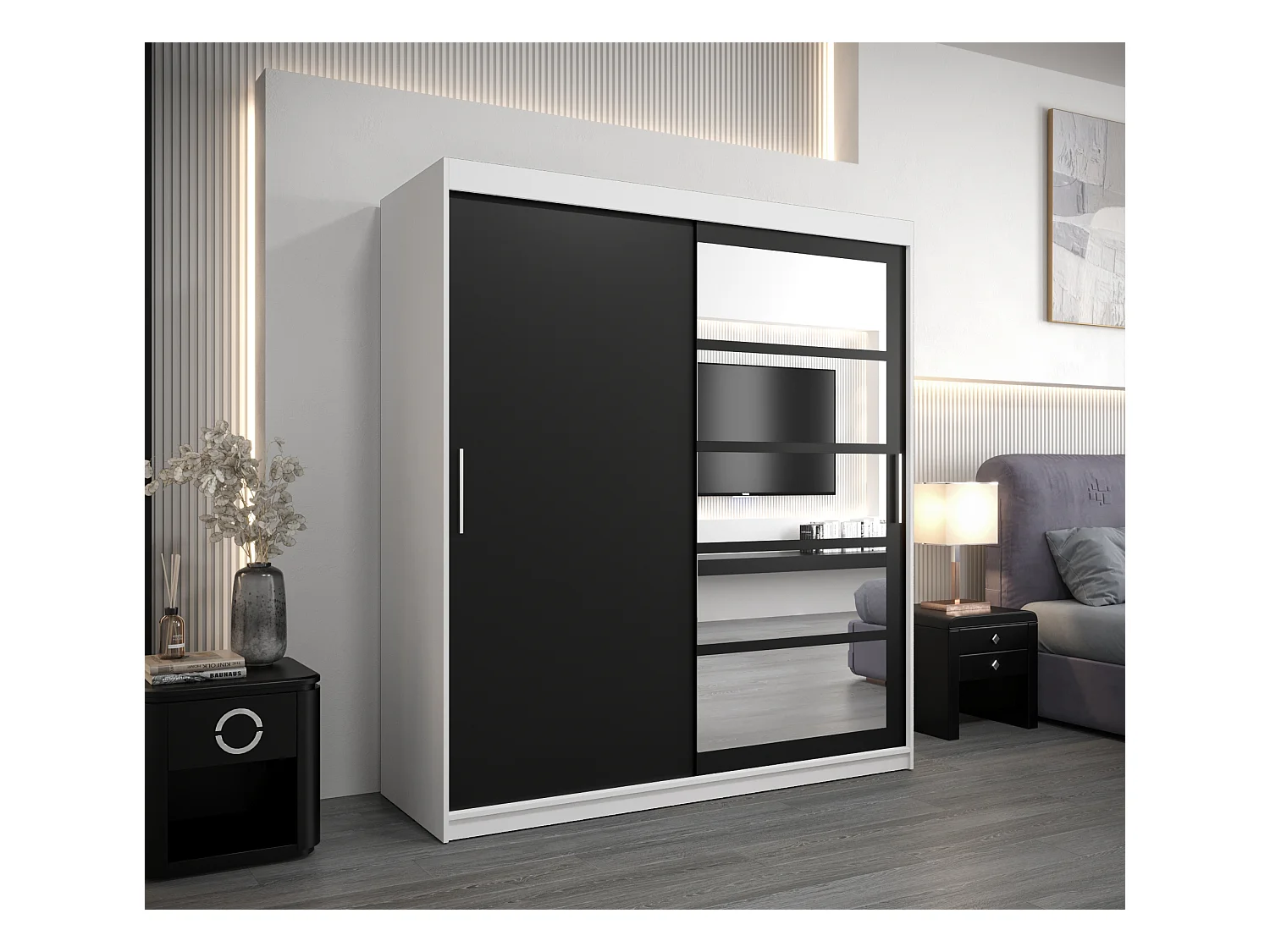 Armoire Roma 1 À Portes Coulissantes 200/180/62 2 portes (Blanc/Noir)