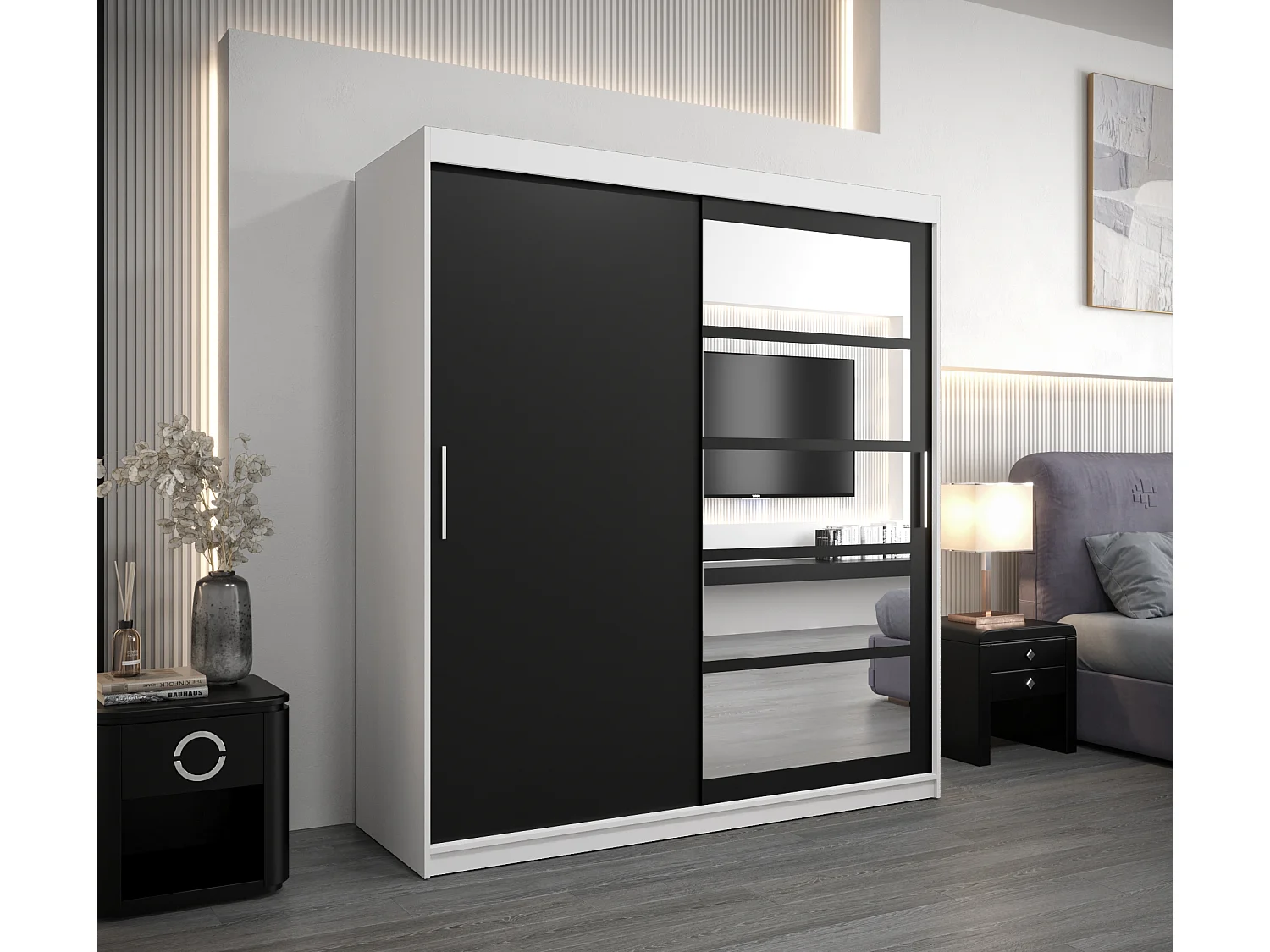 Armoire Roma 1 À Portes Coulissantes 200/180/62 2 portes (Blanc/Noir)