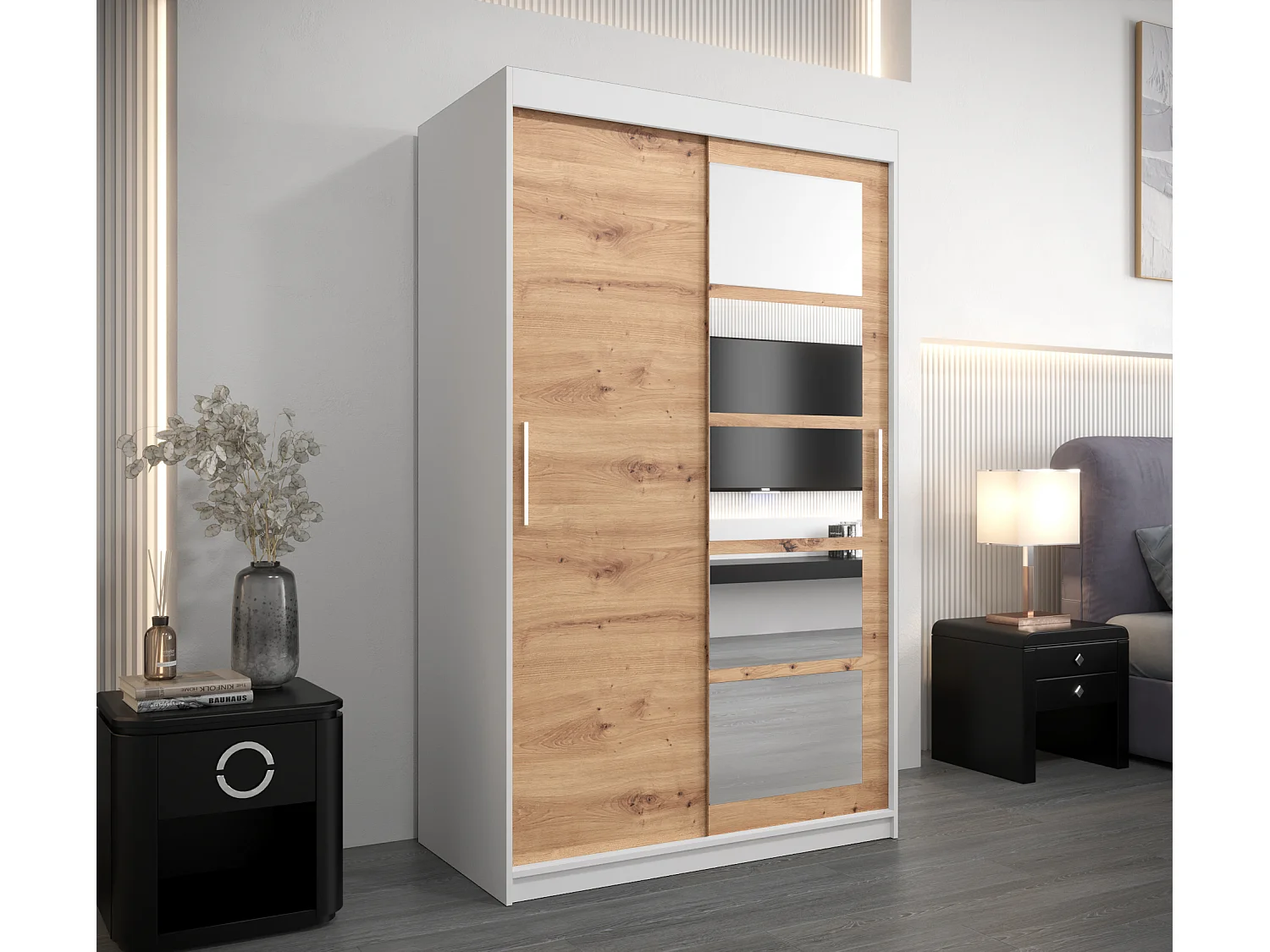 Armoire Roma 1 À Portes Coulissantes 200/120/62 2 portes (Blanc/Artisan)