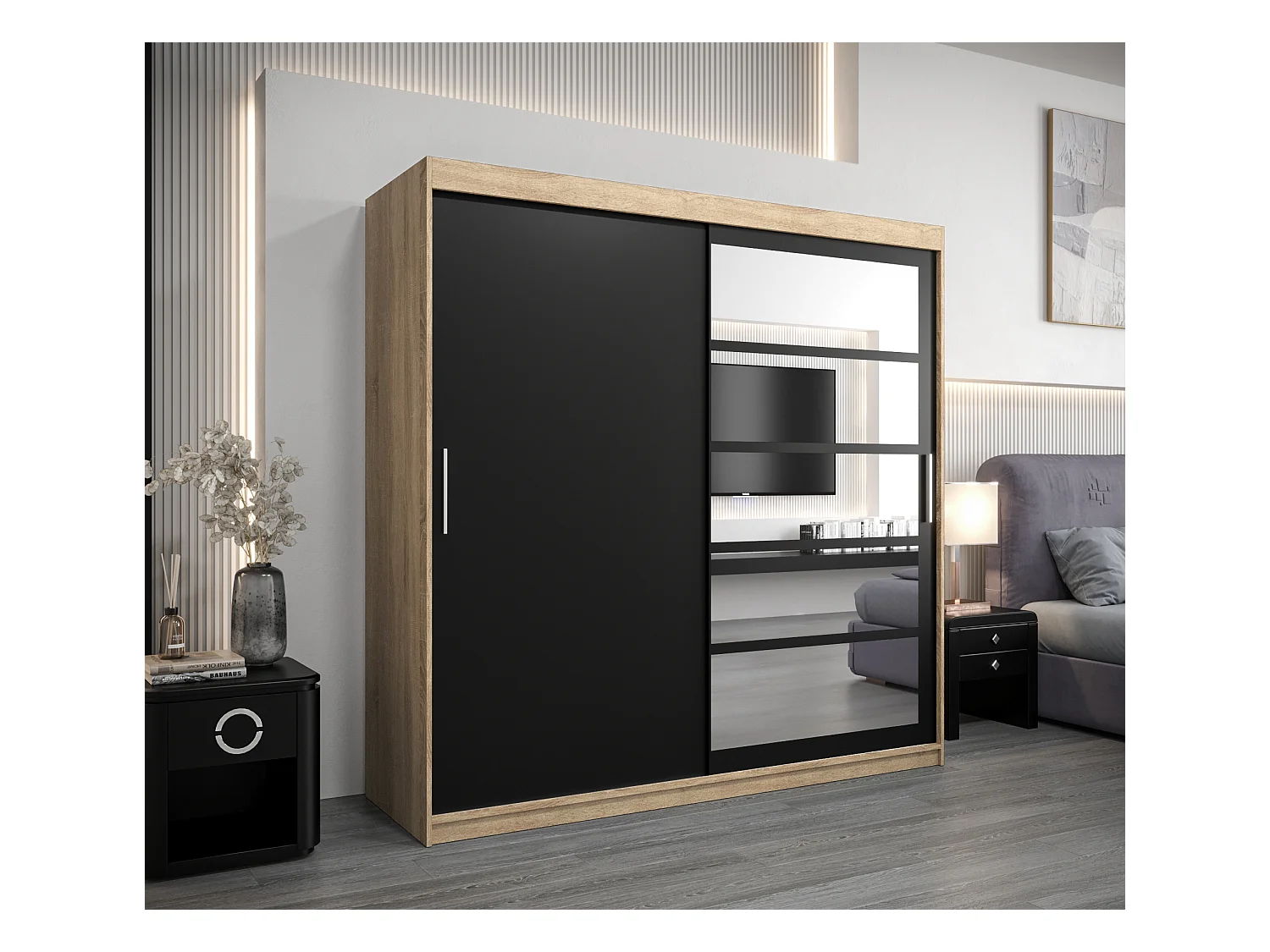 Armoire Roma 1 À Portes Coulissantes 200/200/62 2 portes (Sonoma/Noir)