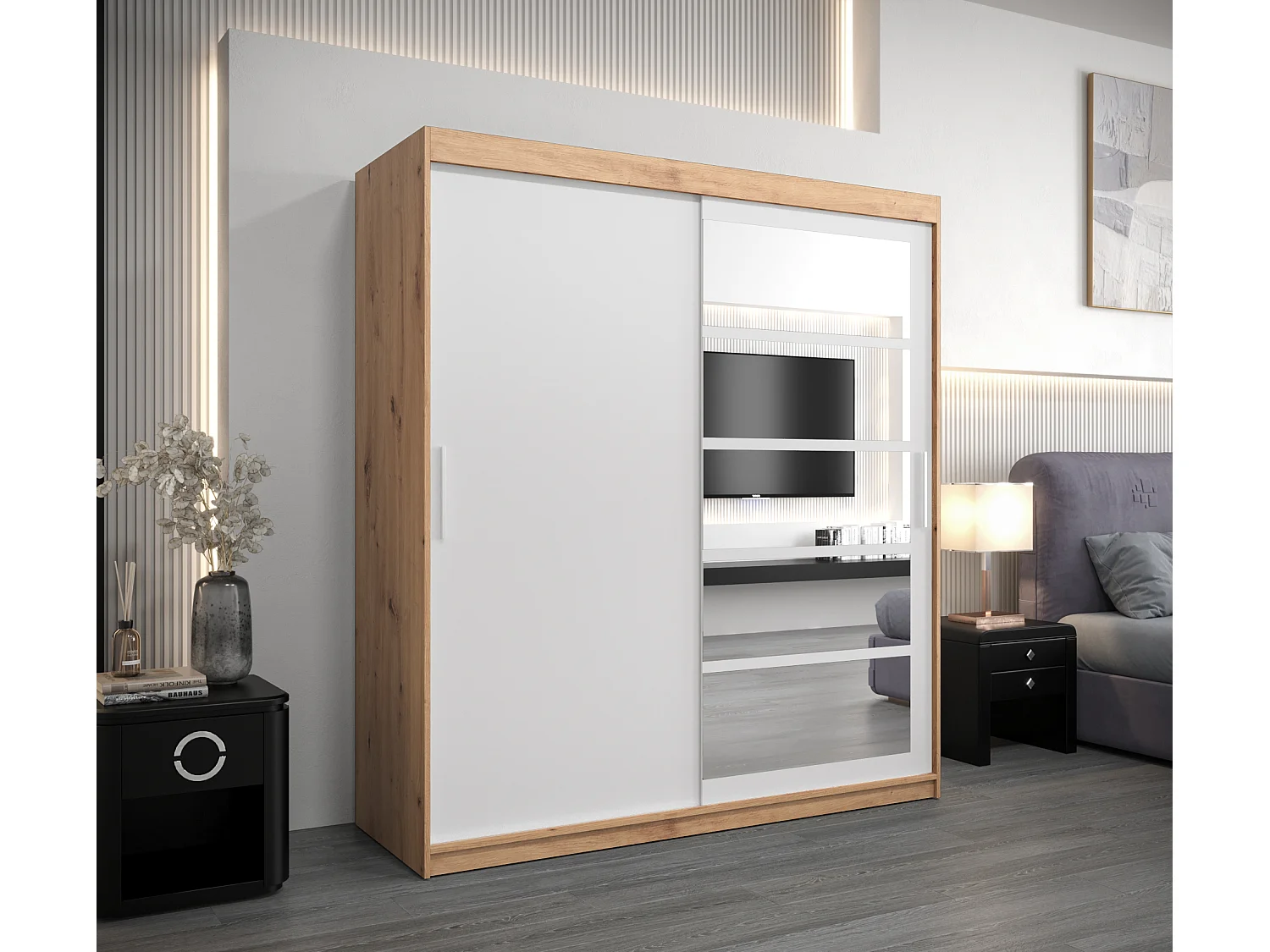 Armoire Roma 1 À Portes Coulissantes 200/180/62 2 portes (Artisan/Blanc)