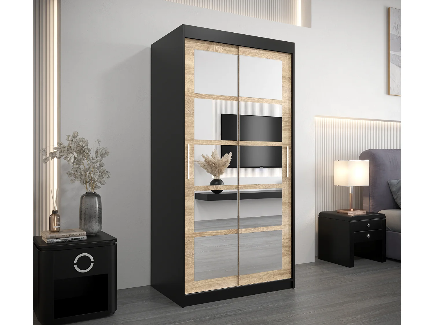 Armoire Roma 2 À Portes Coulissantes 200/100/62 2 portes (Noir/Sonoma)