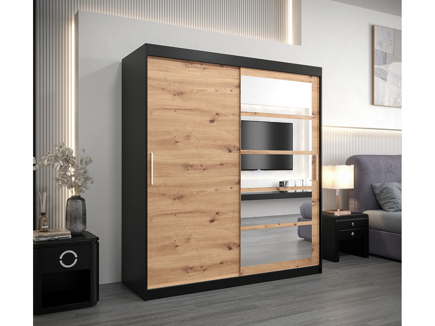 Roma 1 kledingkast met schuifdeuren 200/180/62 2 deuren (zwart/artisan)