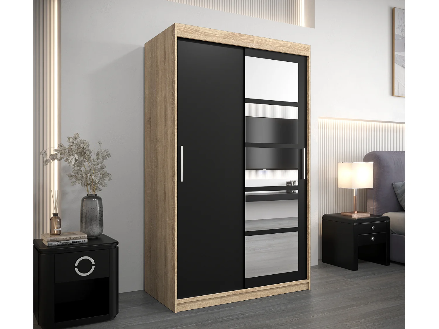 Schwebetürenschrank Roma 200/120/62 2-Türig (Sonoma/Schwarz)