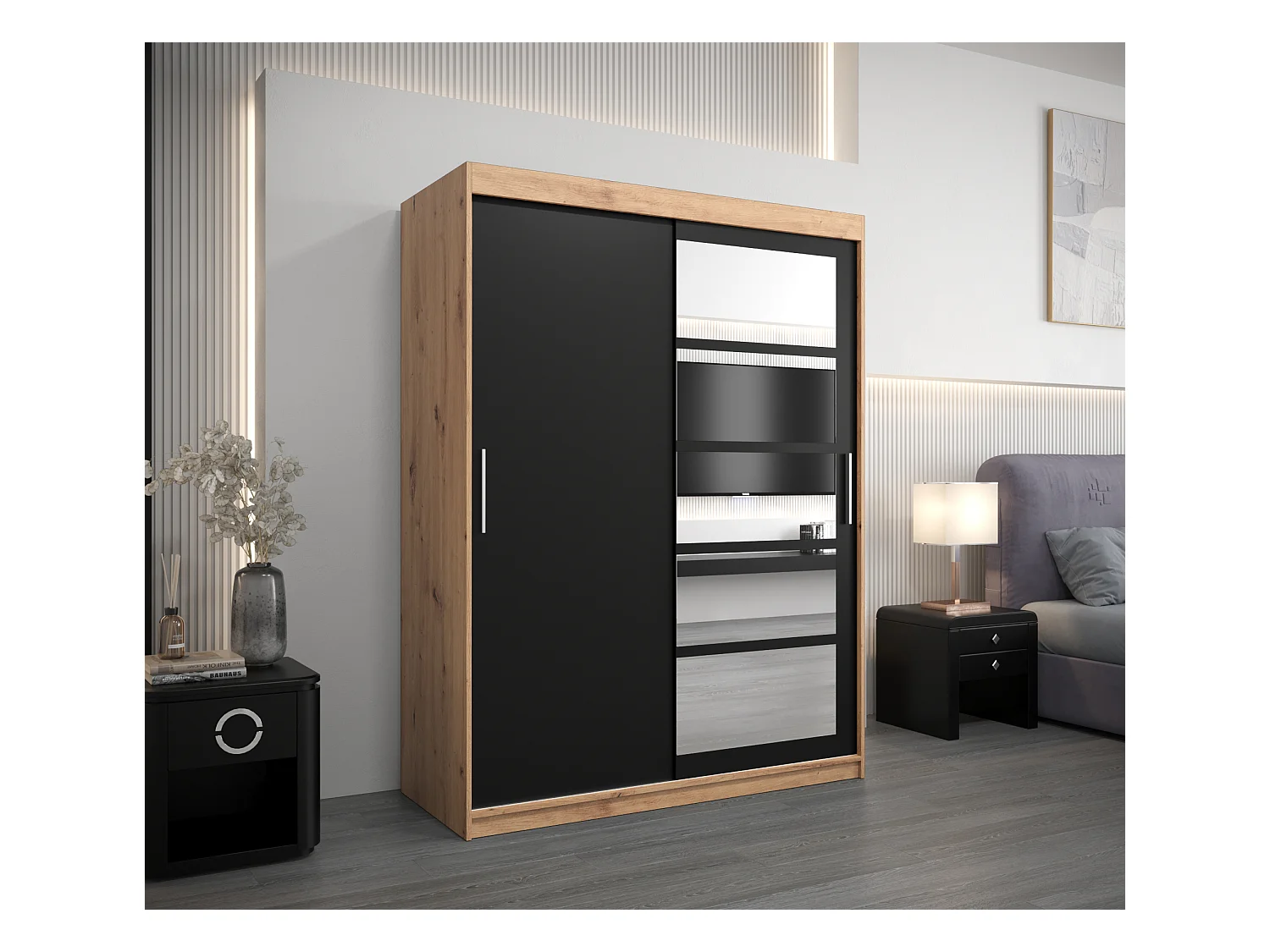 Schwebetürenschrank Roma 200/150/62 2-Türig (Artisan/Schwarz)