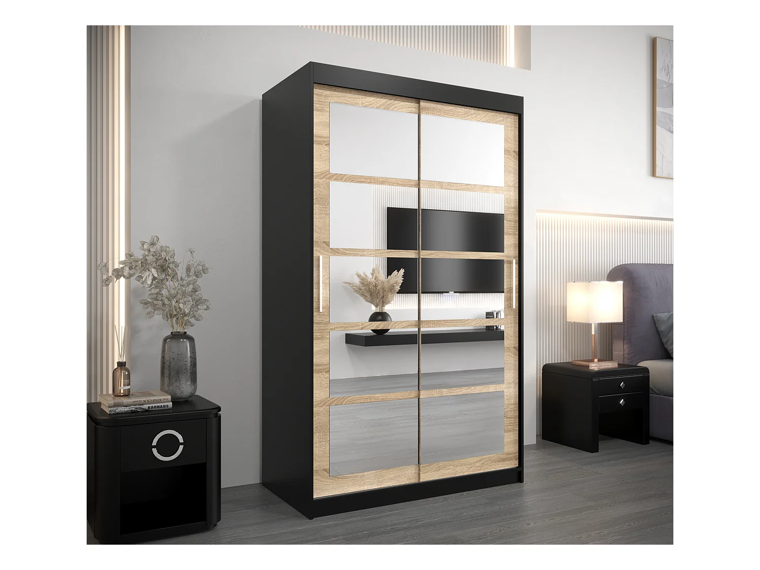 Roma 2 kledingkast met schuifdeuren 200/120/62 2 deuren (zwart/sonoma)