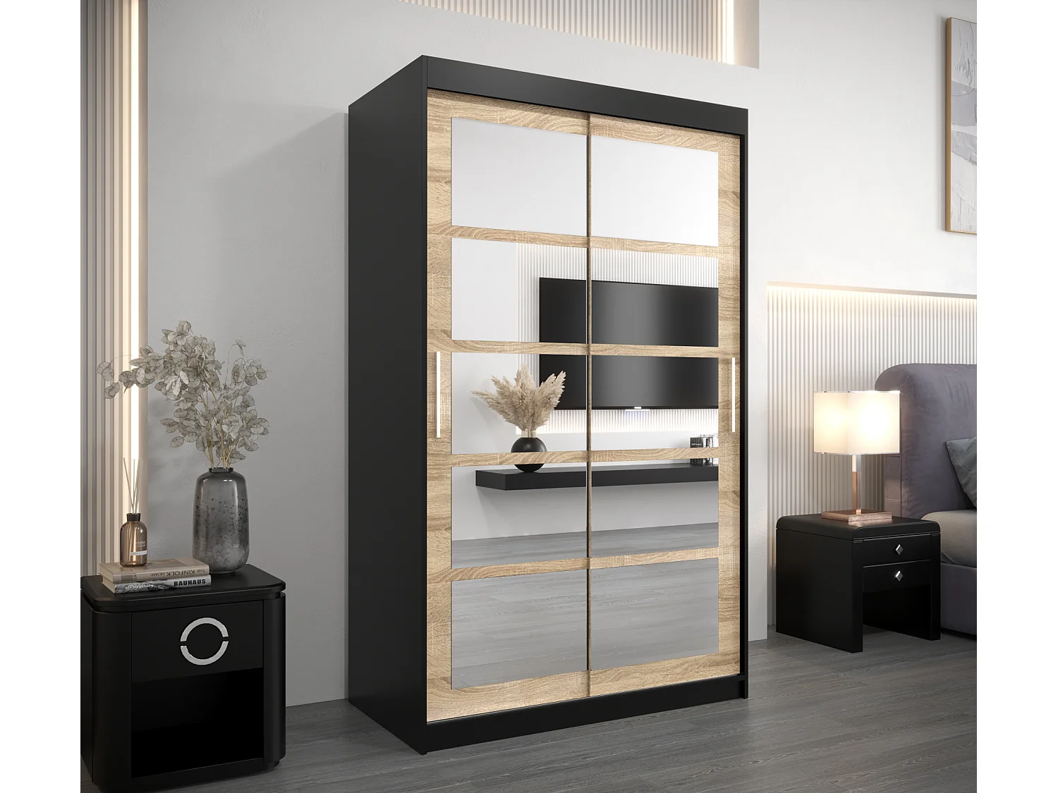 Armoire Roma 2 À Portes Coulissantes 200/120/62 2 portes (Noir/Sonoma)