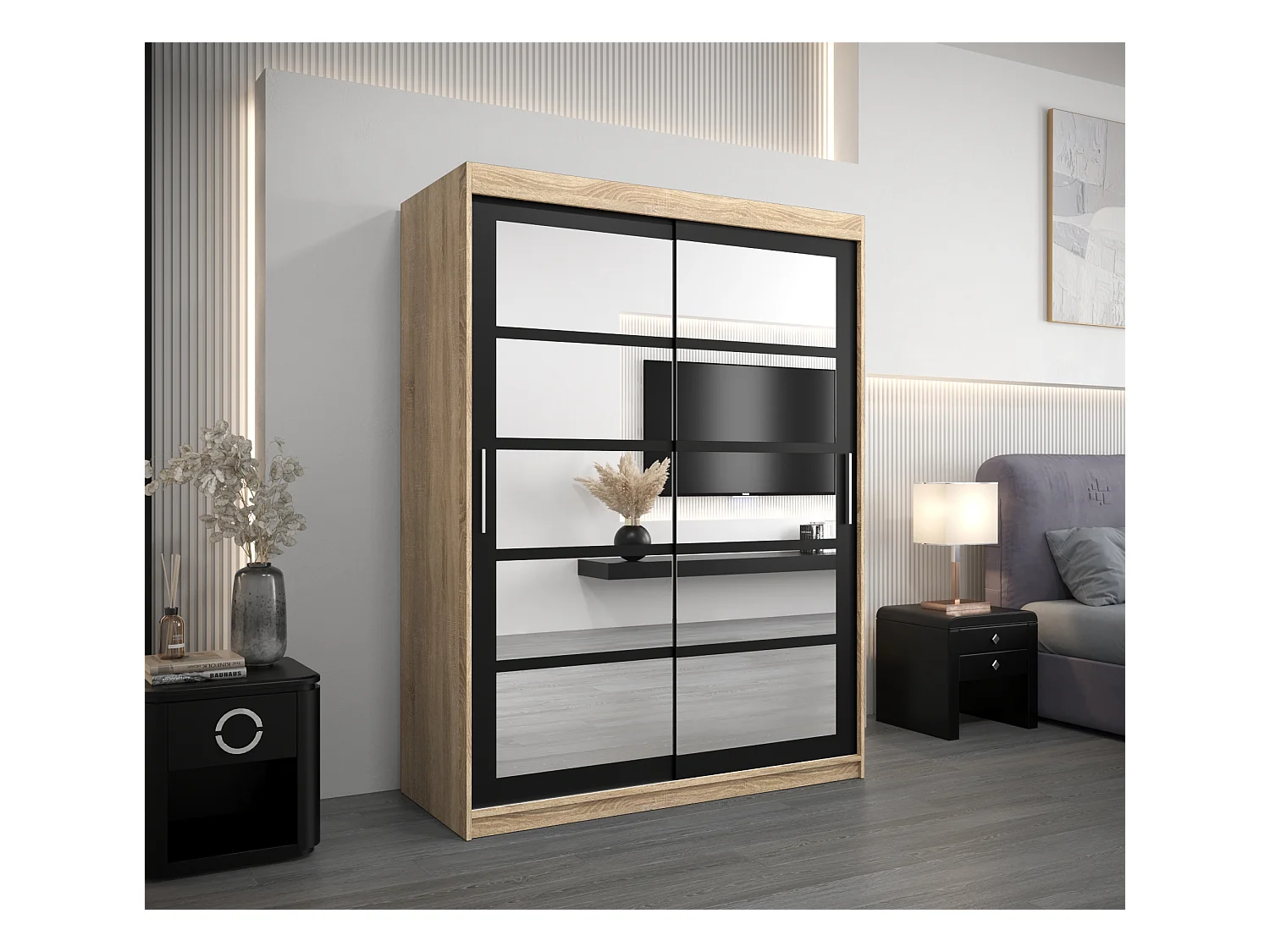 Armoire Roma 2 À Portes Coulissantes 200/150/62 2 portes (Sonoma/Noir)