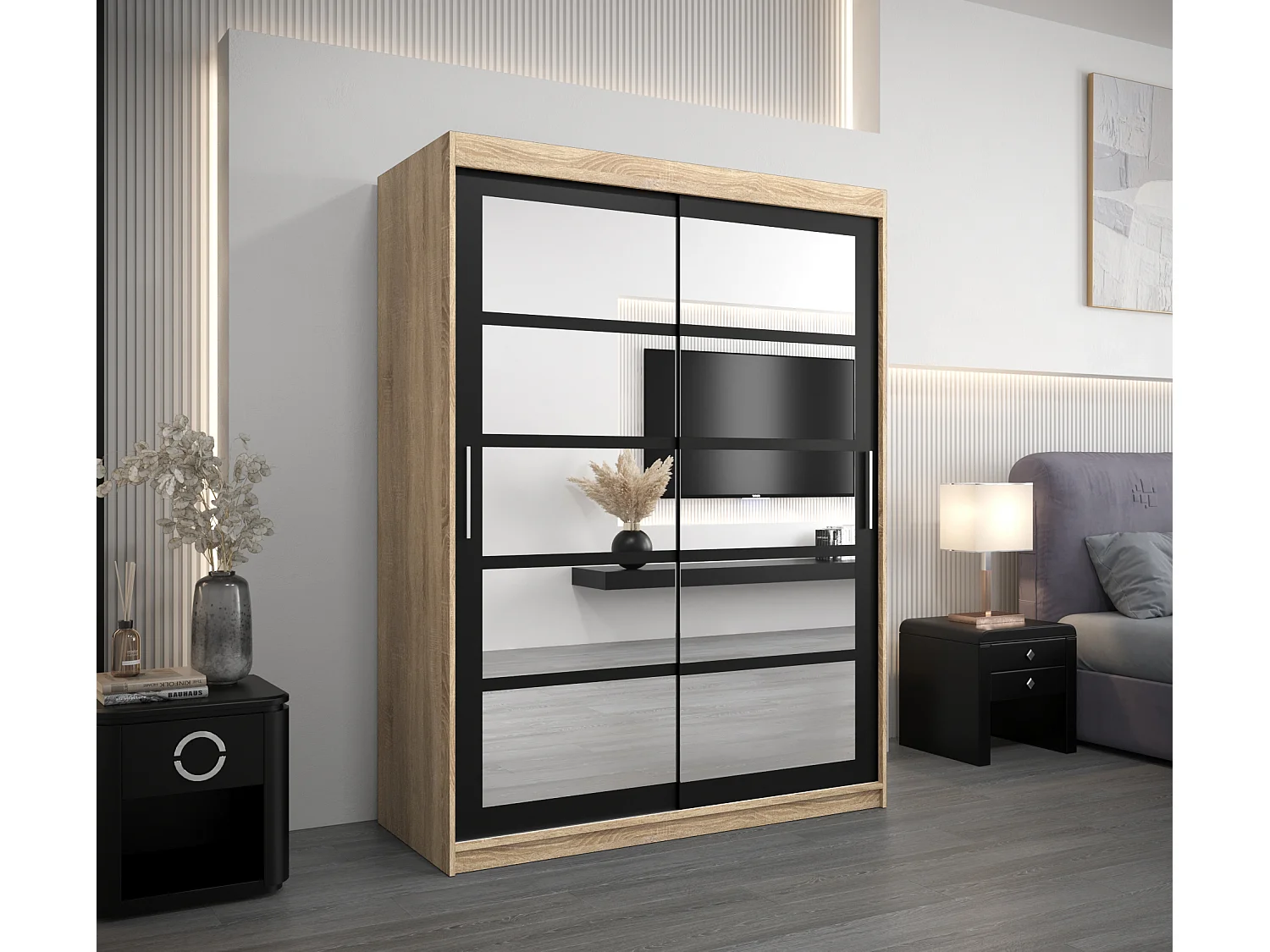 Armoire Roma 2 À Portes Coulissantes 200/150/62 2 portes (Sonoma/Noir)