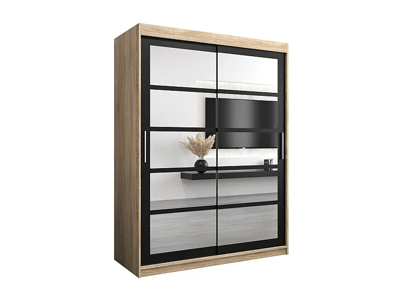 Schwebetürenschrank Roma 200/150/62 2-Türig (Sonoma/Schwarz)