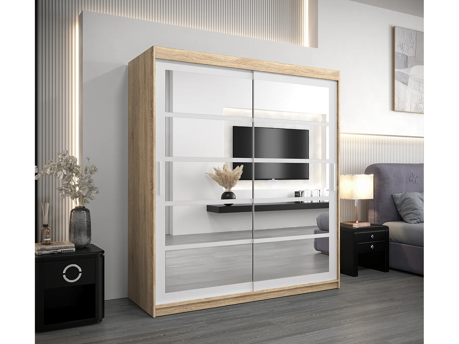 Schwebetürenschrank Roma 200/180/62 2-Türig (Sonoma/Weiß)