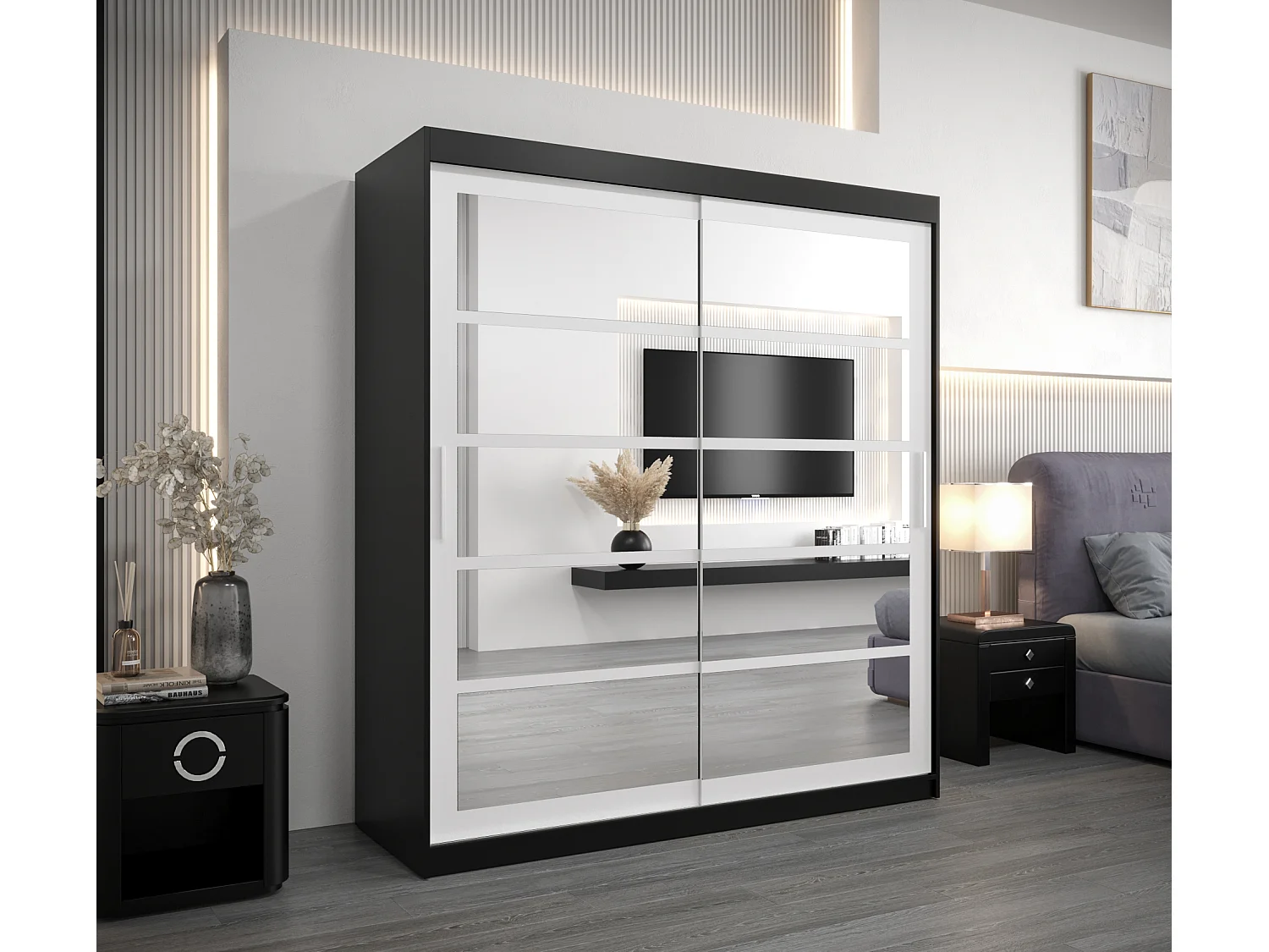 Roma 2 kledingkast met schuifdeuren 200/180/62 2 deuren (zwart/wit)