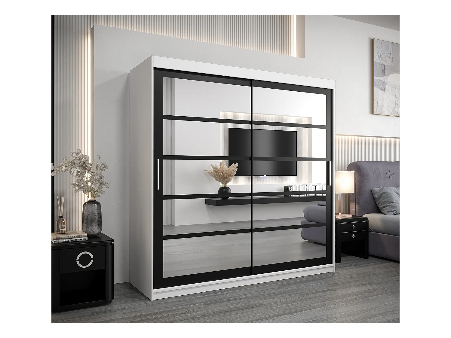 Armoire Roma 2 À Portes Coulissantes 200/200/62 2 portes (Blanc/Noir)