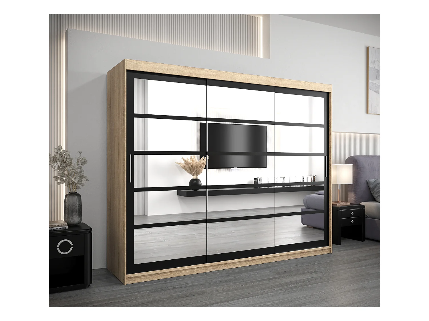 Roma 2 kledingkast met schuifdeuren 200/250/62 3 deuren (sonoma/zwart)