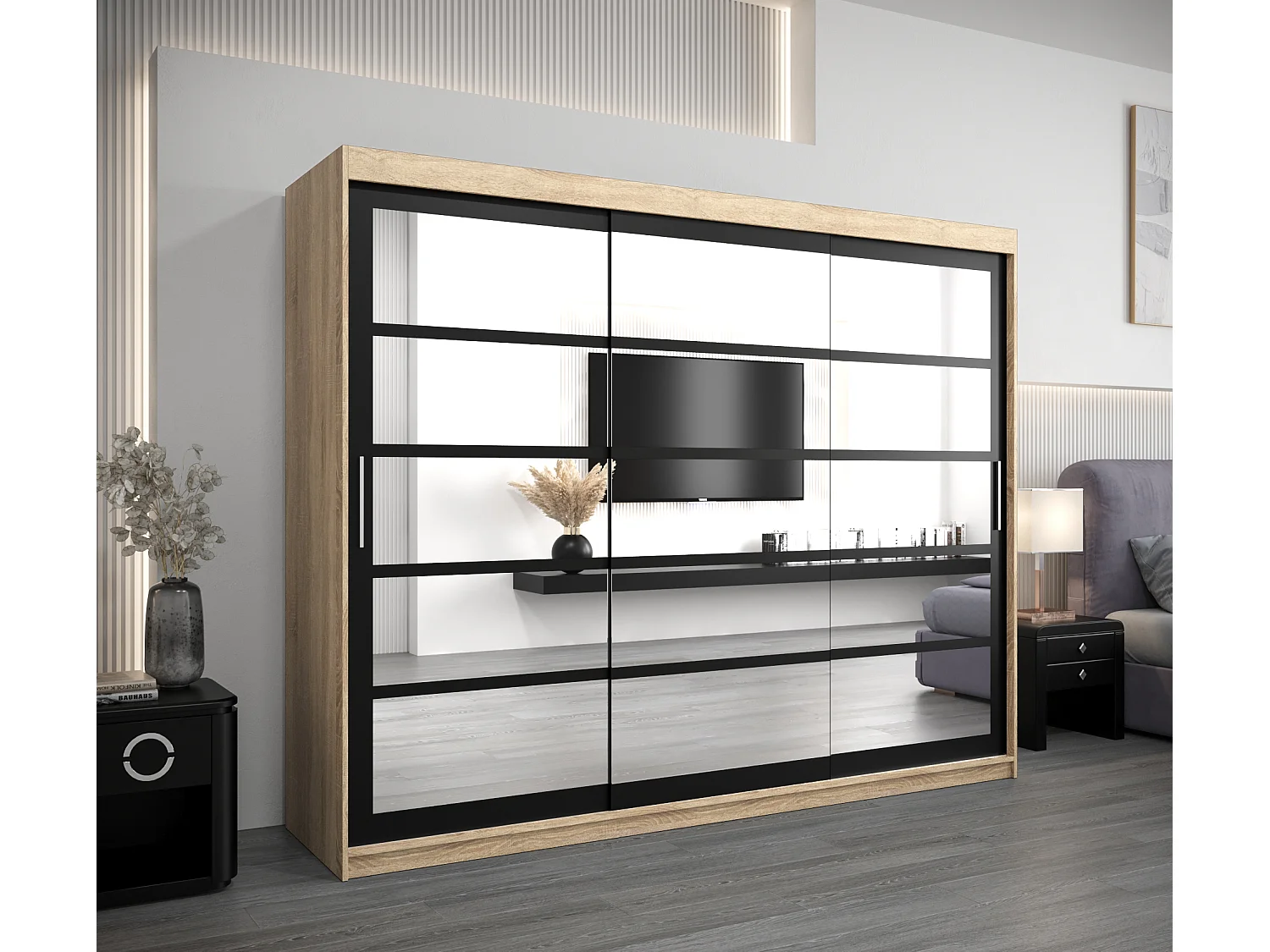 Armoire Roma 2 À Portes Coulissantes 200/250/62 3 Portes (Sonoma/Noir)