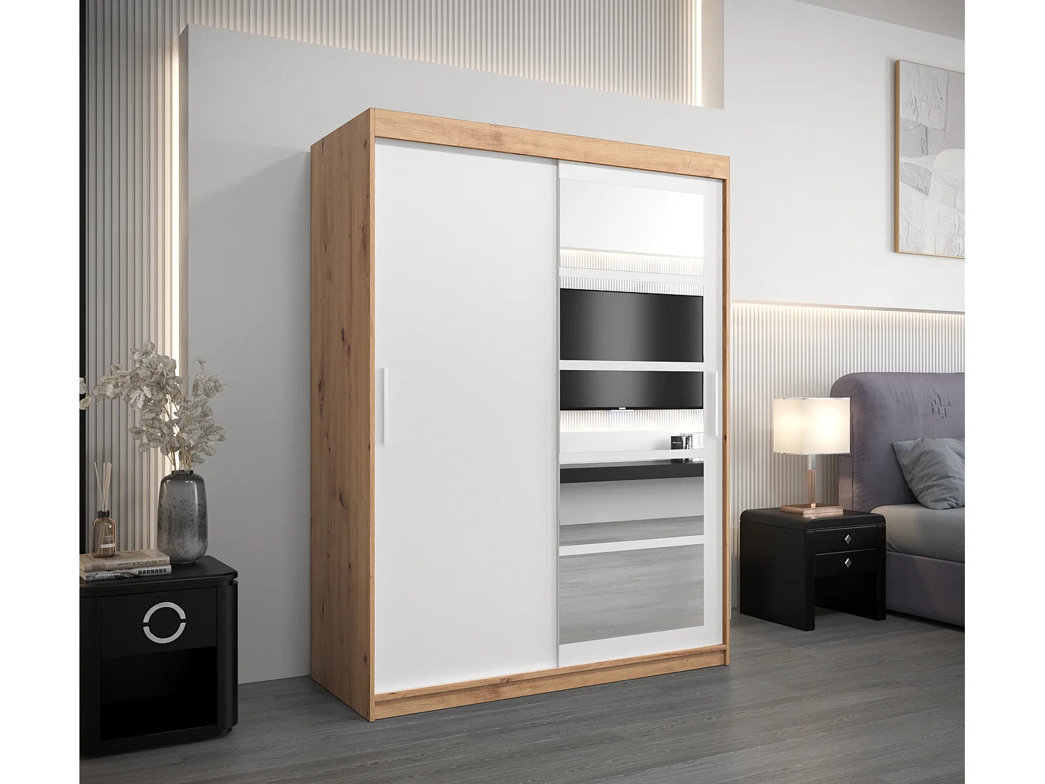 Armoire Roma 1 À Portes Coulissantes 200/150/62 2 portes (Artisan/Blanc)