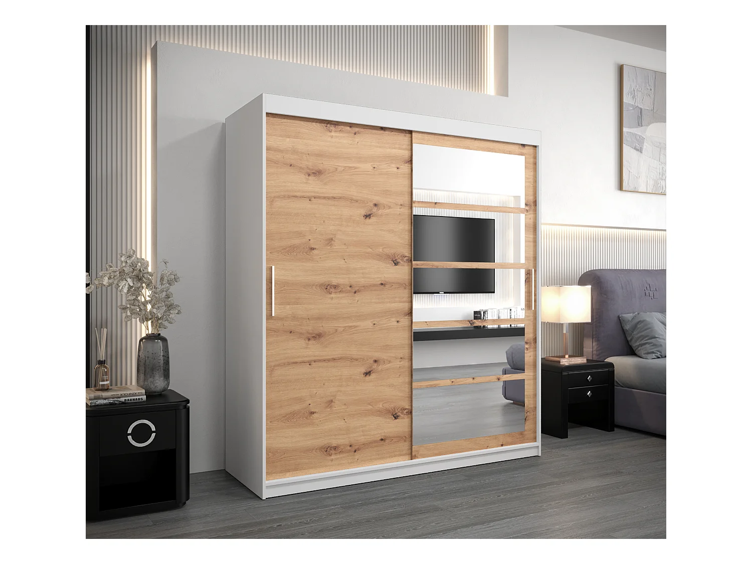 Armoire Roma 1 À Portes Coulissantes 200/180/62 2 portes (Blanc/Artisan)