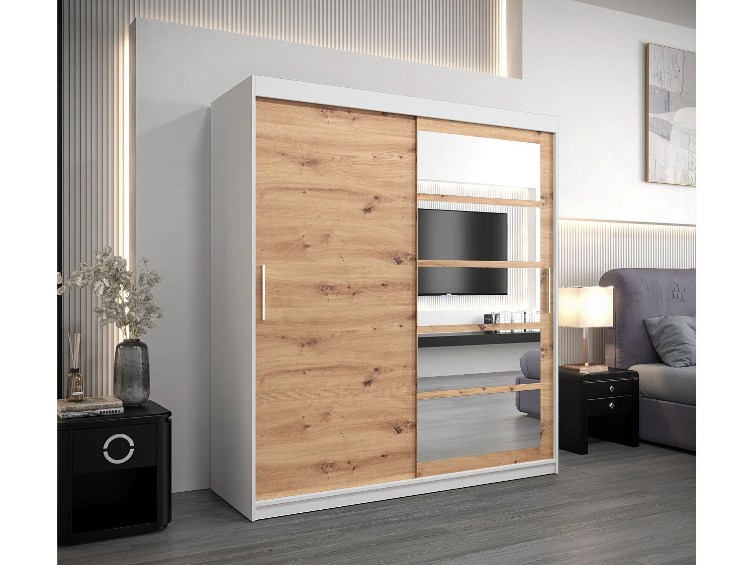 Armoire Roma 1 À Portes Coulissantes 200/180/62 2 portes (Blanc/Artisan)