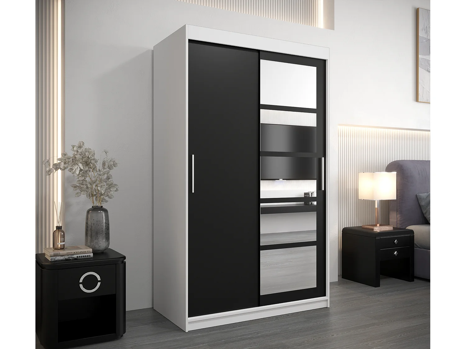 Armoire Roma 1 À Portes Coulissantes 200/120/62 2 portes (Blanc/Noir)