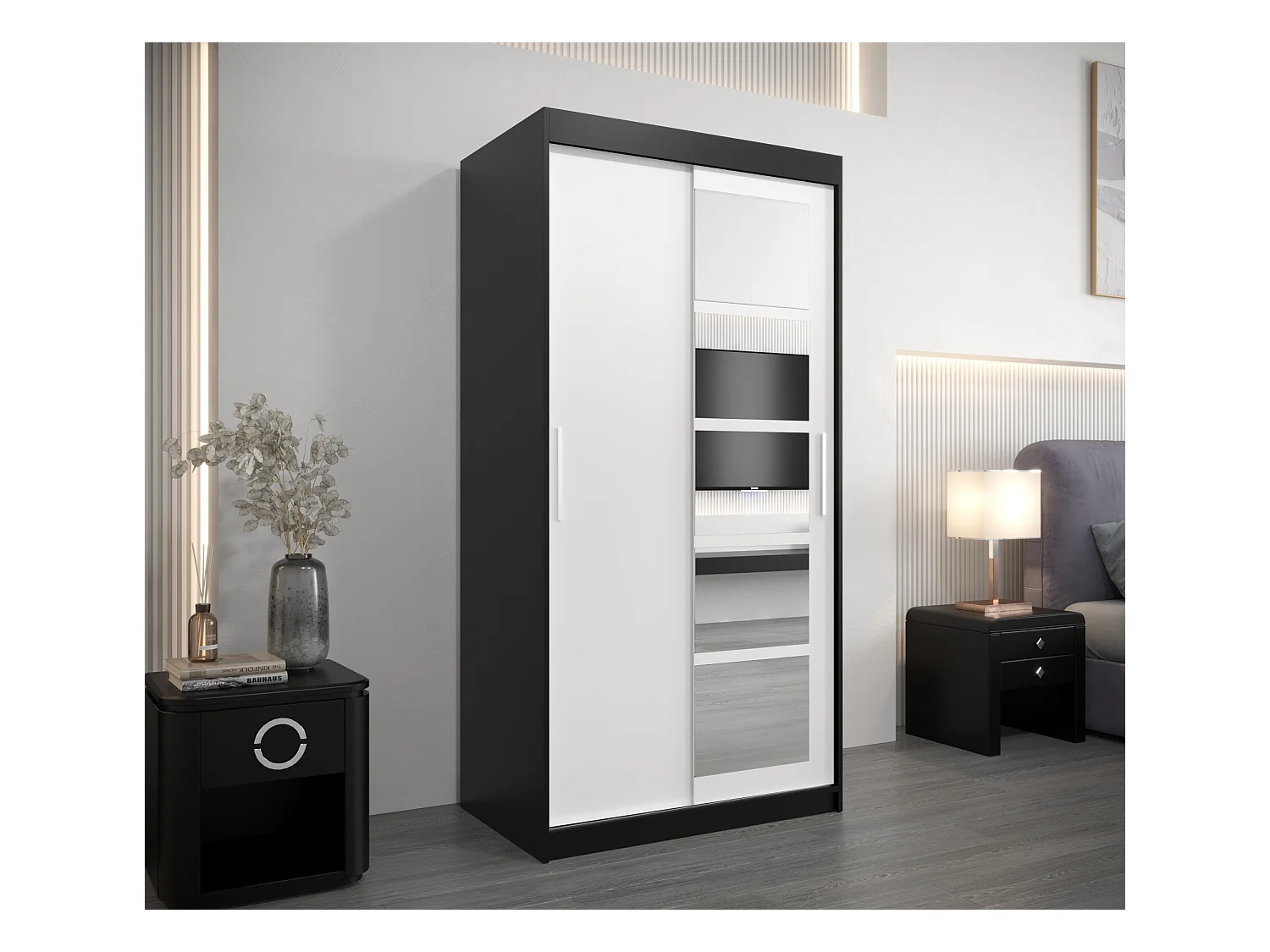 Schwebetürenschrank Roma 200/100/62 2-Türig (Schwarz/Weiß)