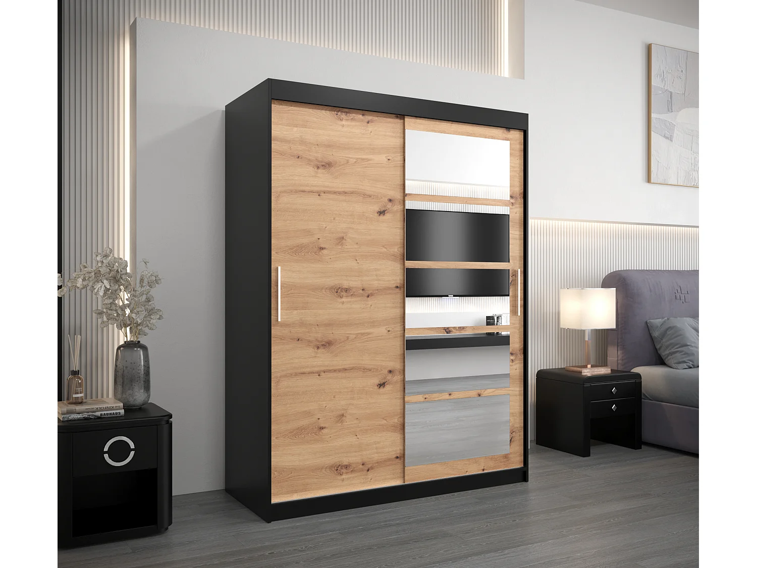 Armoire Roma 1 À Portes Coulissantes 200/150/62 2 portes (Noir/Artisan)