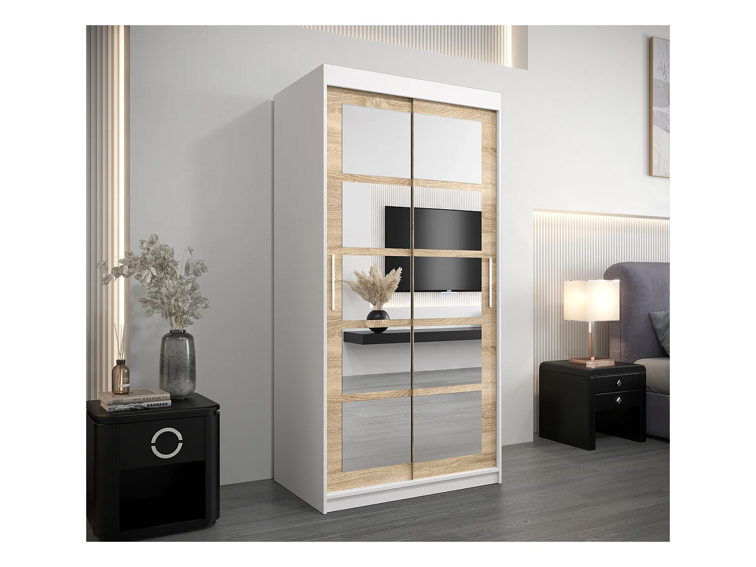 Schwebetürenschrank Roma 200/100/62 2-Türig (Weiß/Sonoma)