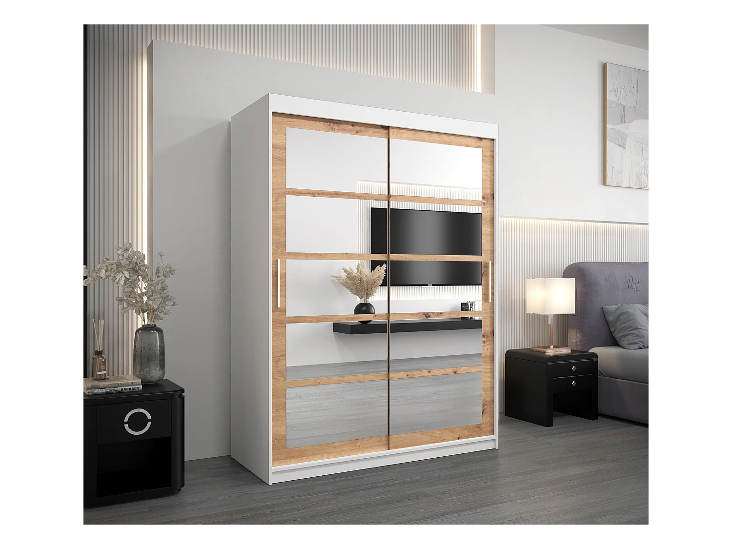 Schwebetürenschrank Roma 200/150/62 2-Türig (Weiß/Artisan)