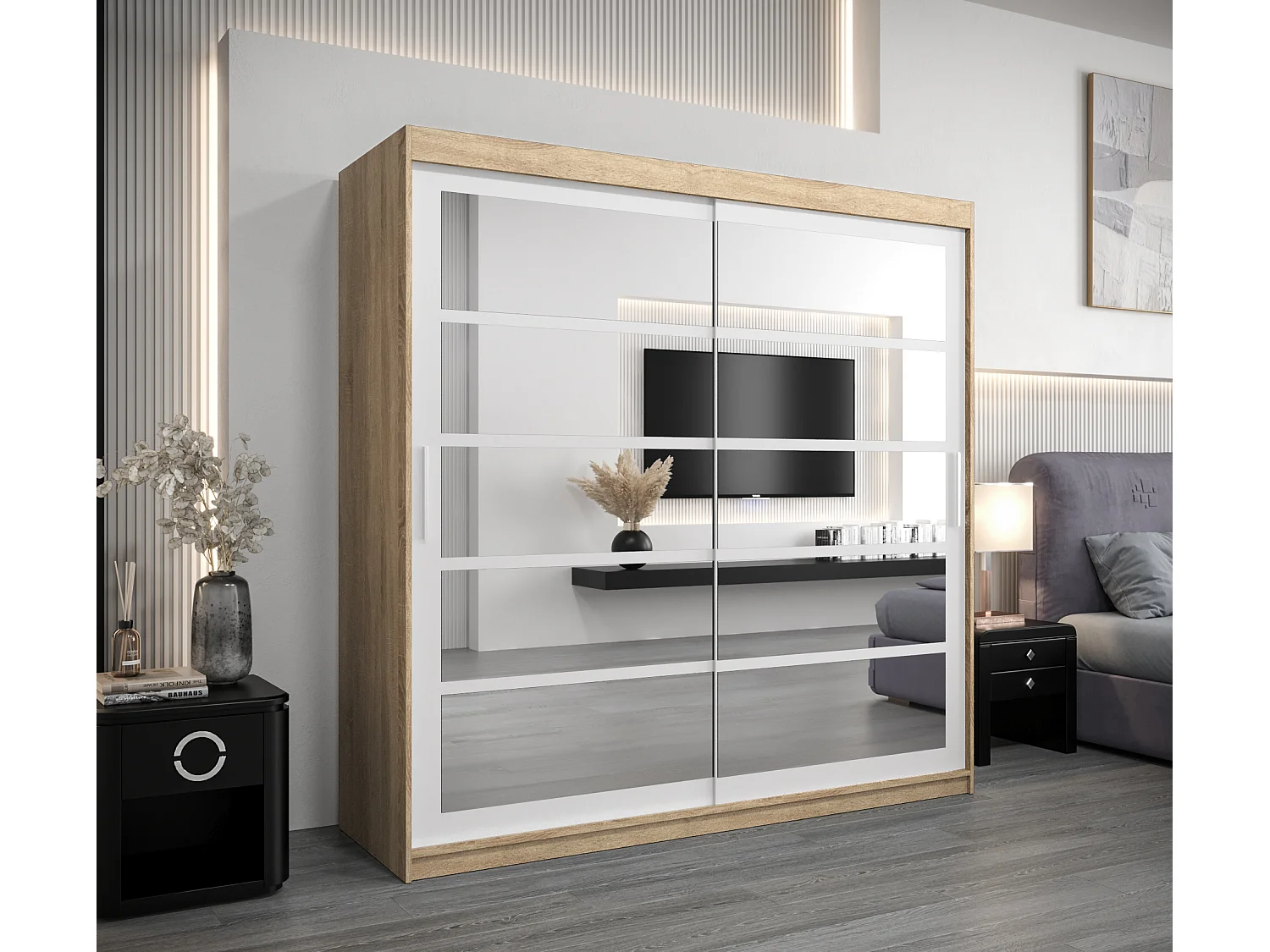 Schwebetürenschrank Roma 200/200/62 2-Türig (Sonoma/Weiß)