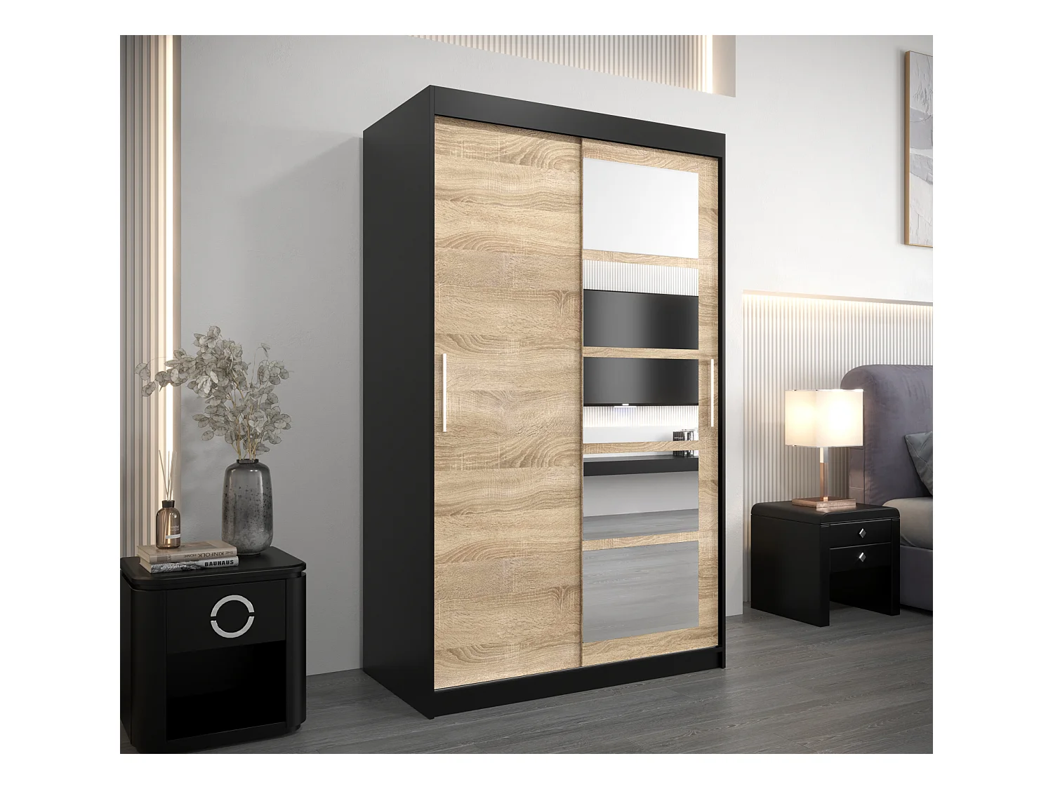 Schwebetürenschrank Roma 200/120/62 2-Türig (Schwarz/Sonoma)