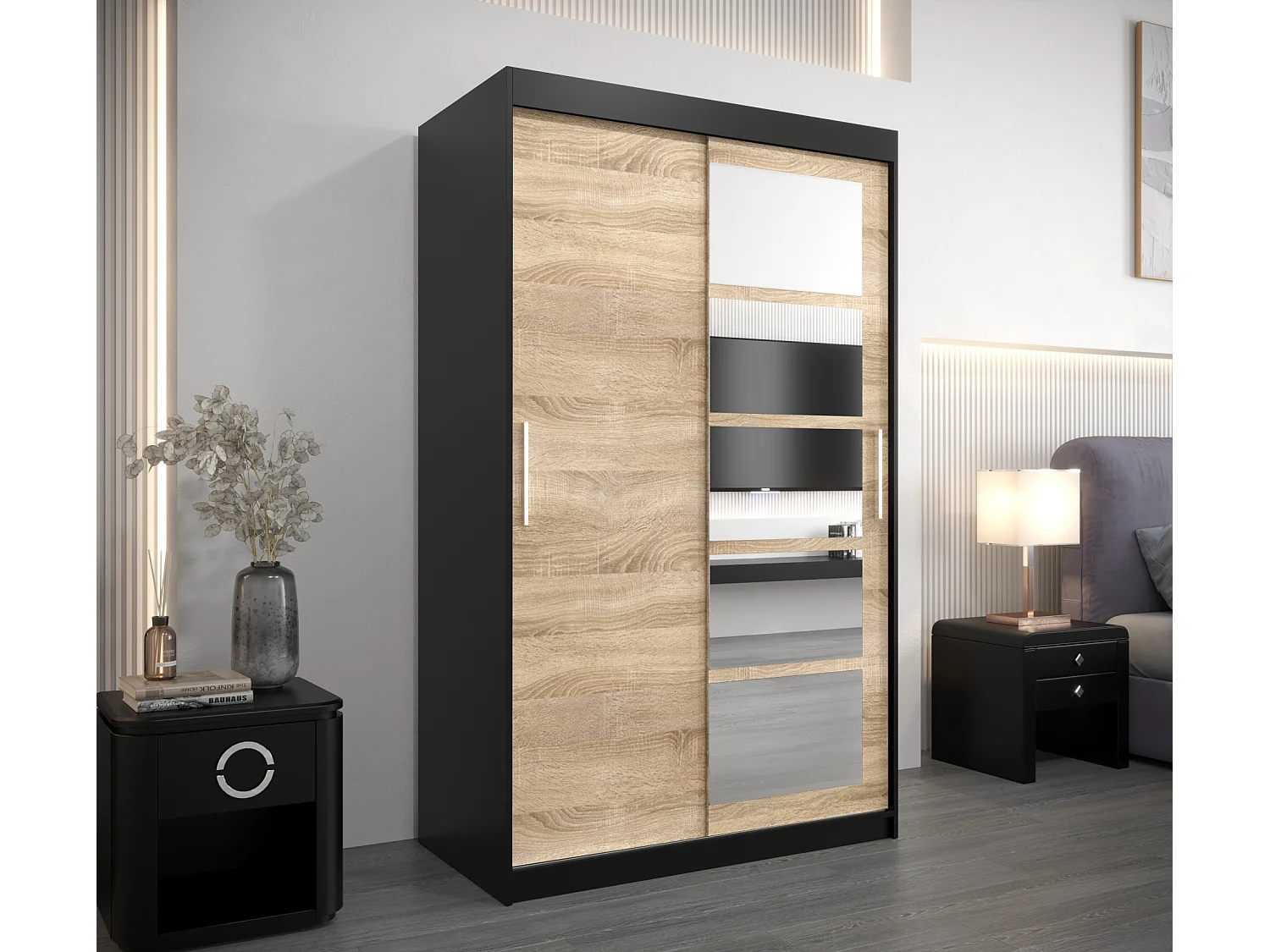 Armoire Roma 1 À Portes Coulissantes 200/120/62 2 portes (Noir/Sonoma)