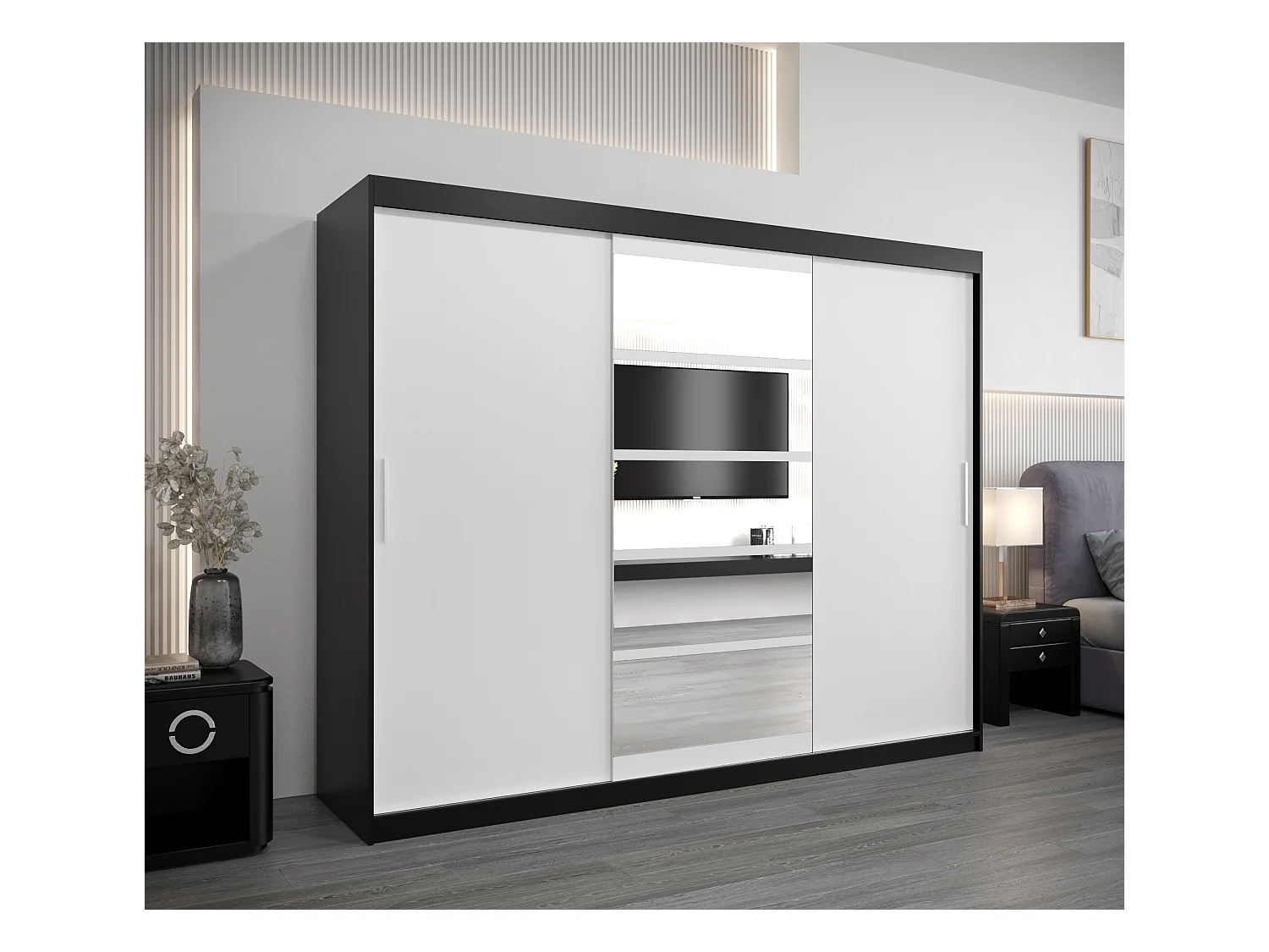 Armoire Roma 1 À Portes Coulissantes 200/250/62 3 Portes (Noir/Blanc)