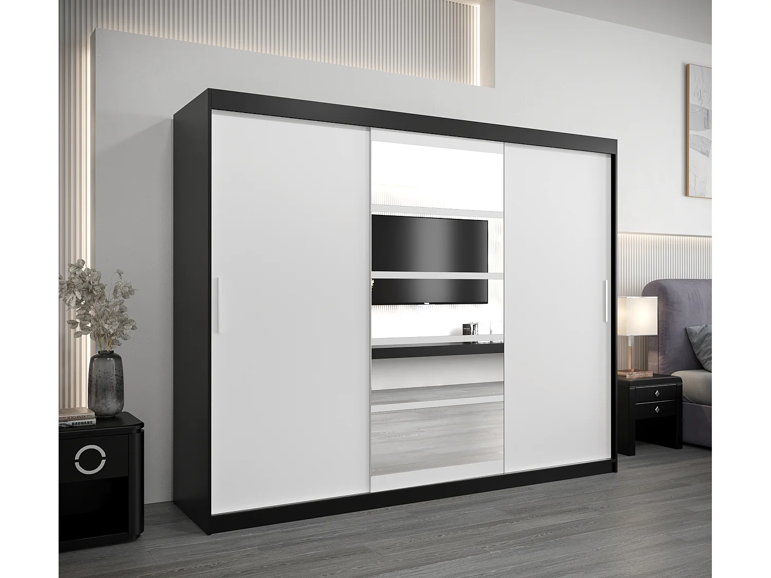 Armoire Roma 1 À Portes Coulissantes 200/250/62 3 Portes (Noir/Blanc)