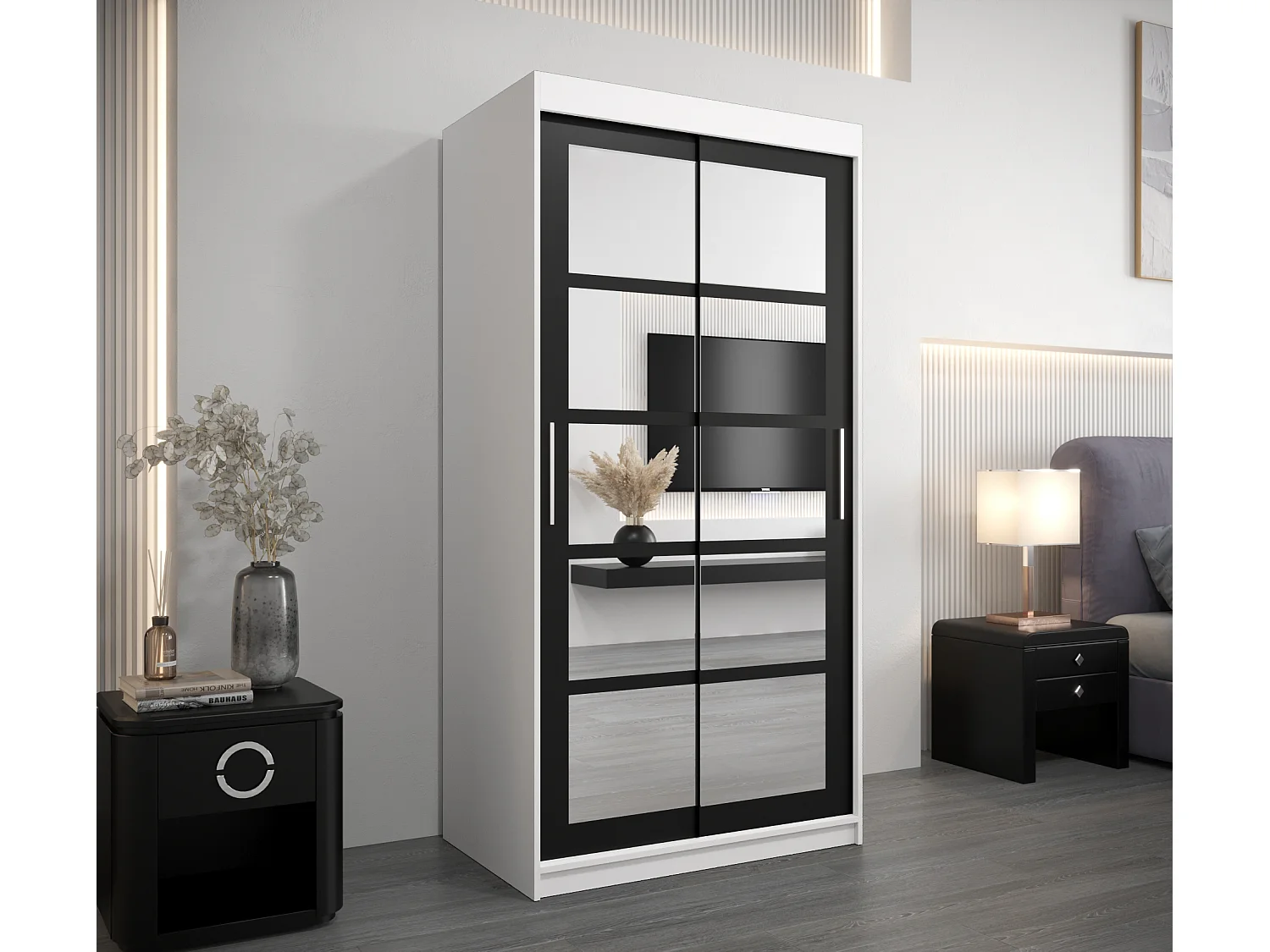 Armoire Roma 2 À Portes Coulissantes 200/100/62 2 portes (Blanc/Noir)