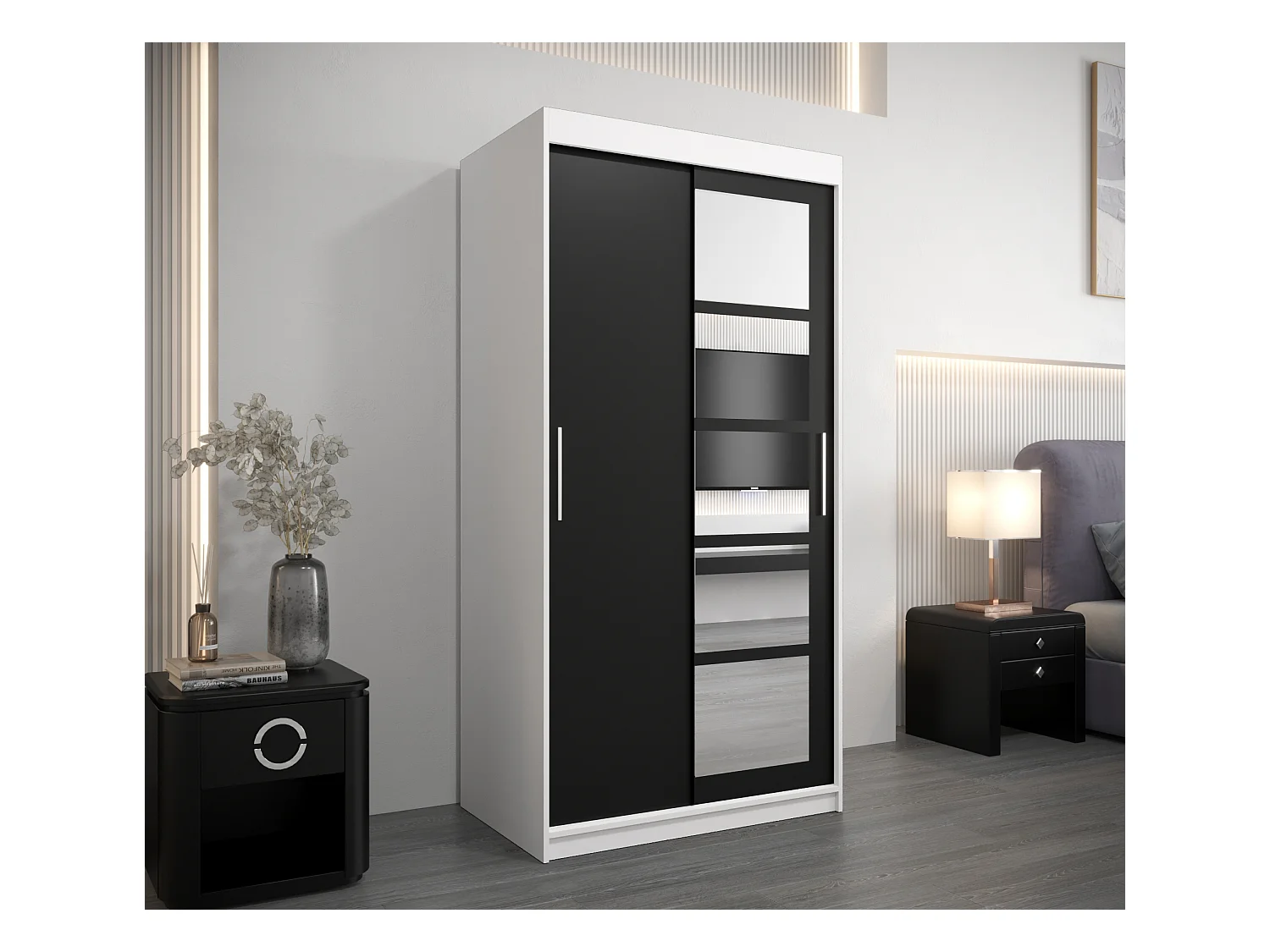 Schwebetürenschrank Roma 200/100/62 2-Türig (Weiß/Schwarz)