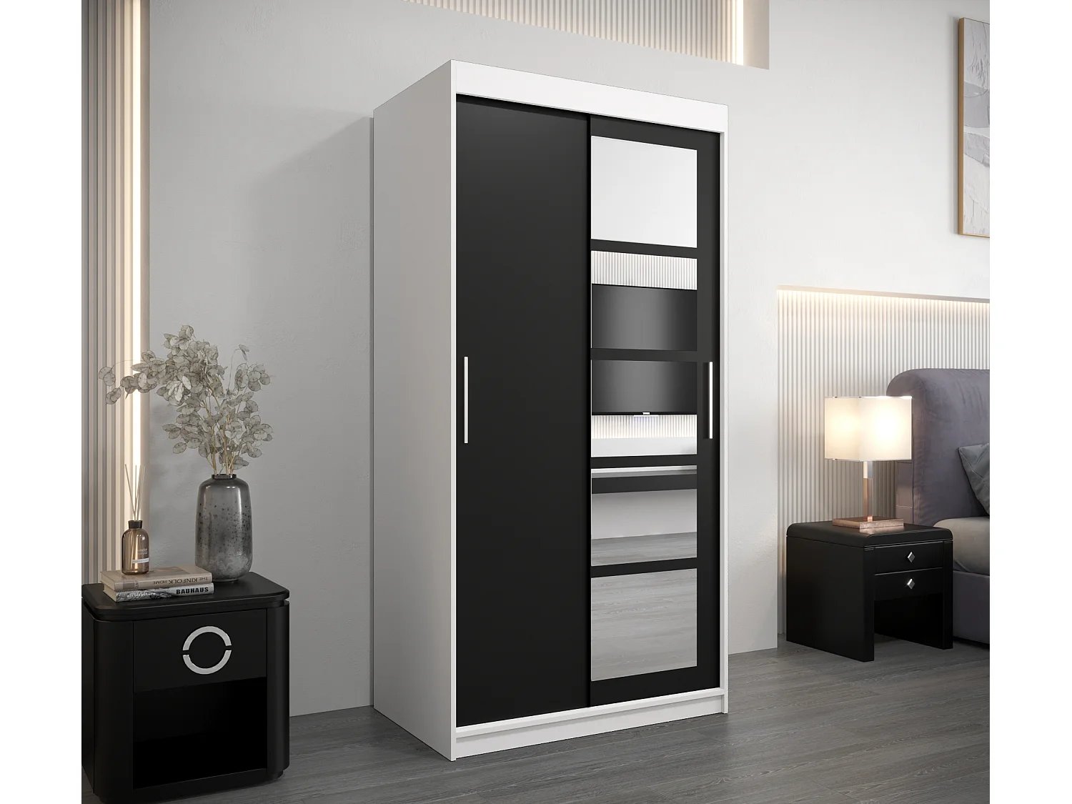 Armoire Roma 1 À Portes Coulissantes 200/100/62 2 portes (Blanc/Noir)