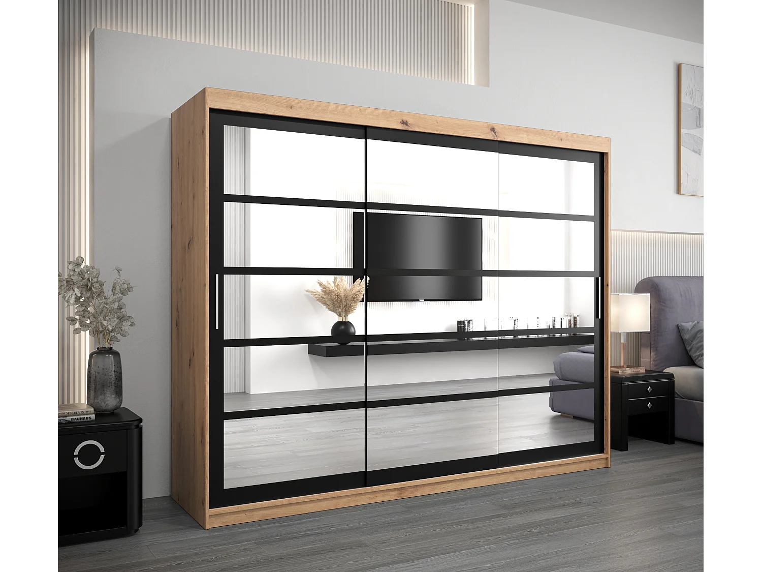 Armoire Roma 2 À Portes Coulissantes 200/250/62 3 Portes (Artisan/Noir)