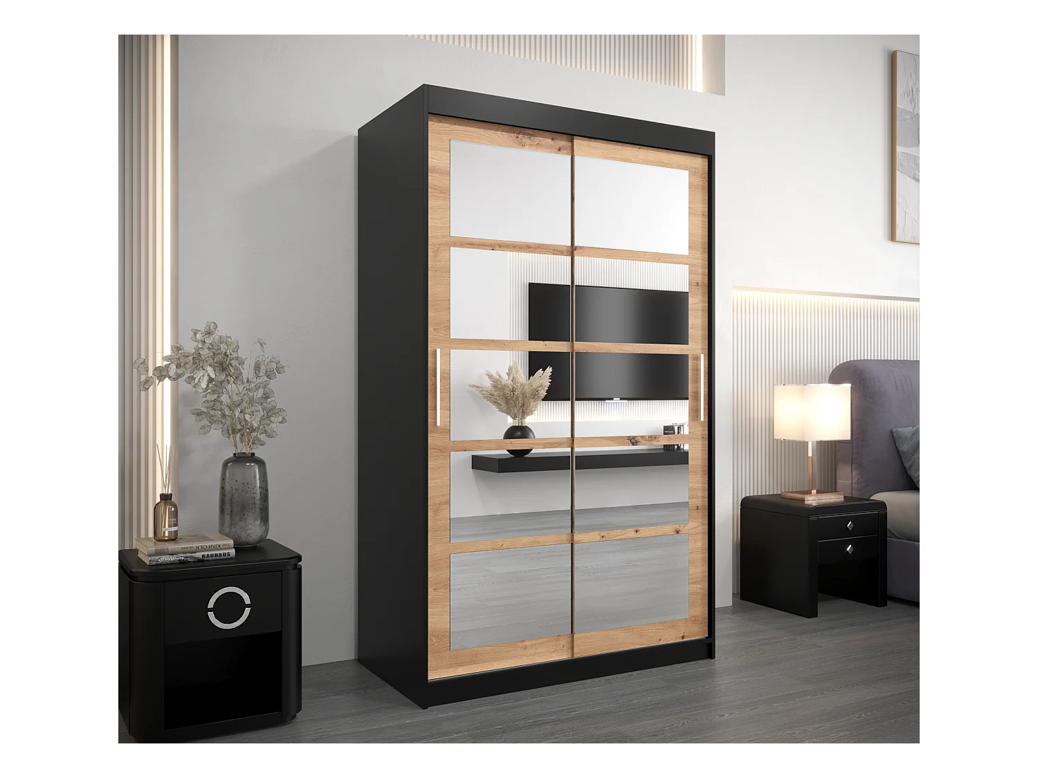 Schwebetürenschrank Roma 200/120/62 2-Türig (Schwarz/Artisan)