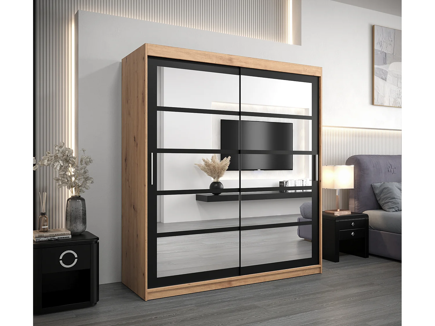 Roma 2 kledingkast met schuifdeuren 200/180/62 2 deuren (artisan/zwart)