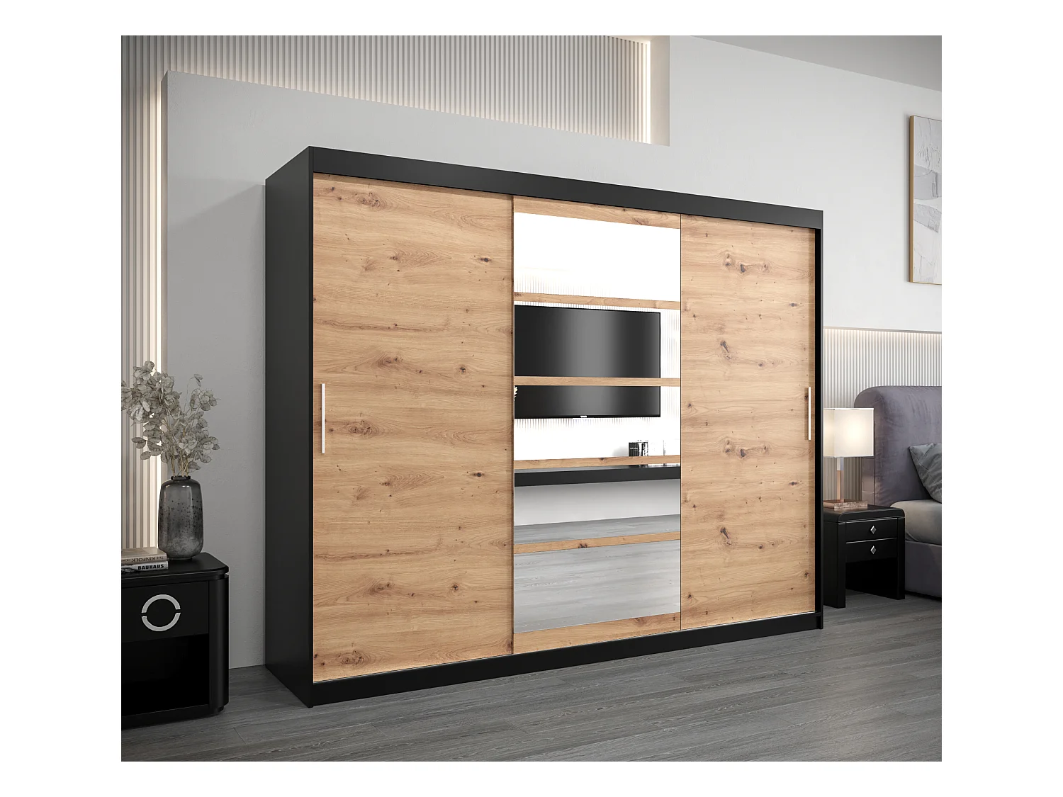 Armoire Roma 1 À Portes Coulissantes 200/250/62 3 Portes (Noir/Artisan)