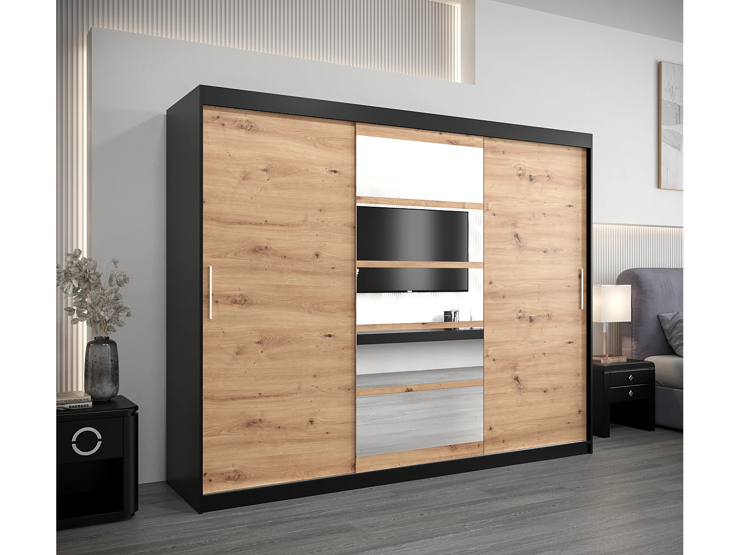 Armoire Roma 1 À Portes Coulissantes 200/250/62 3 Portes (Noir/Artisan)