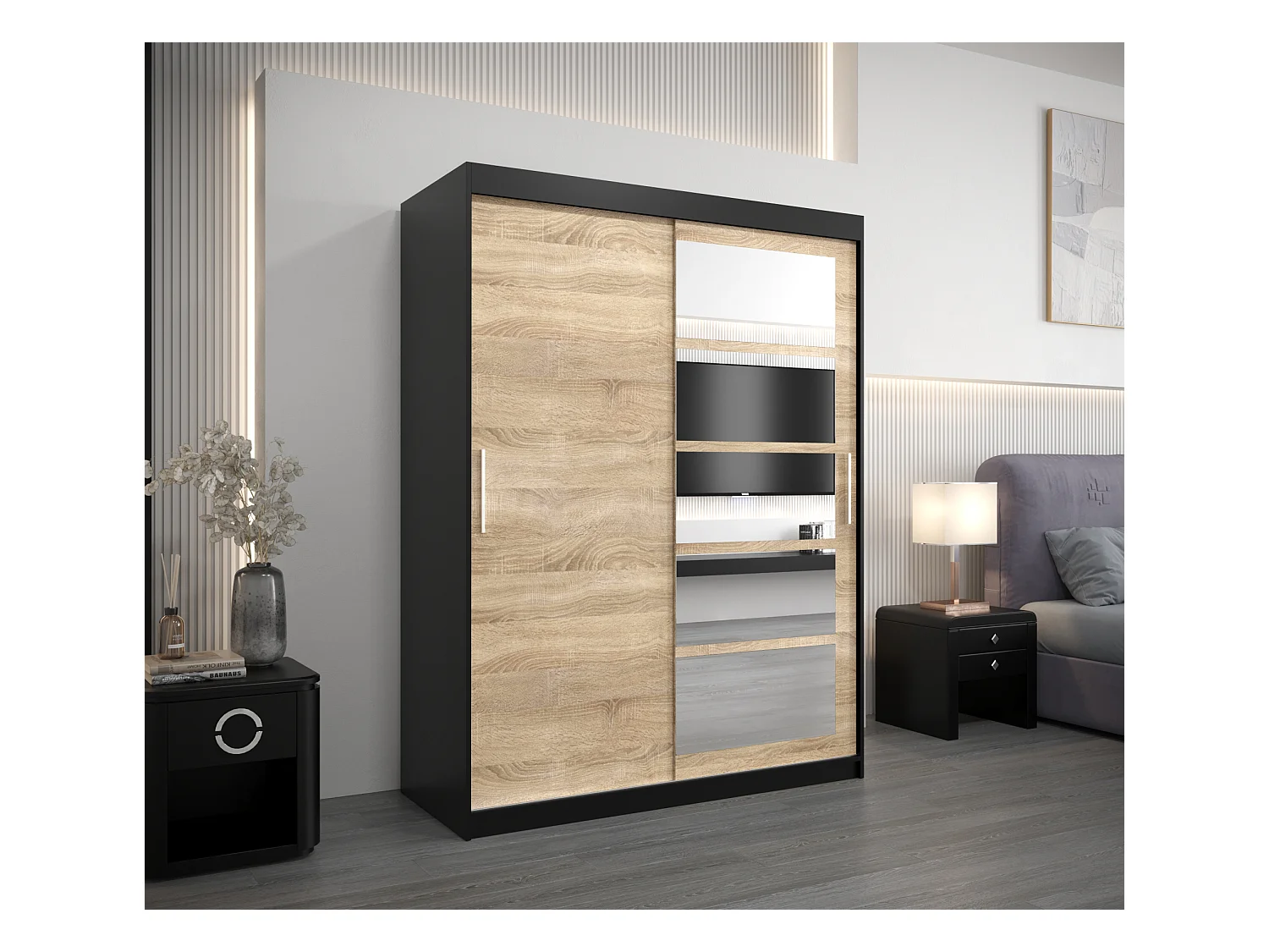 Armoire Roma 1 À Portes Coulissantes 200/150/62 2 portes (Noir/Sonoma)