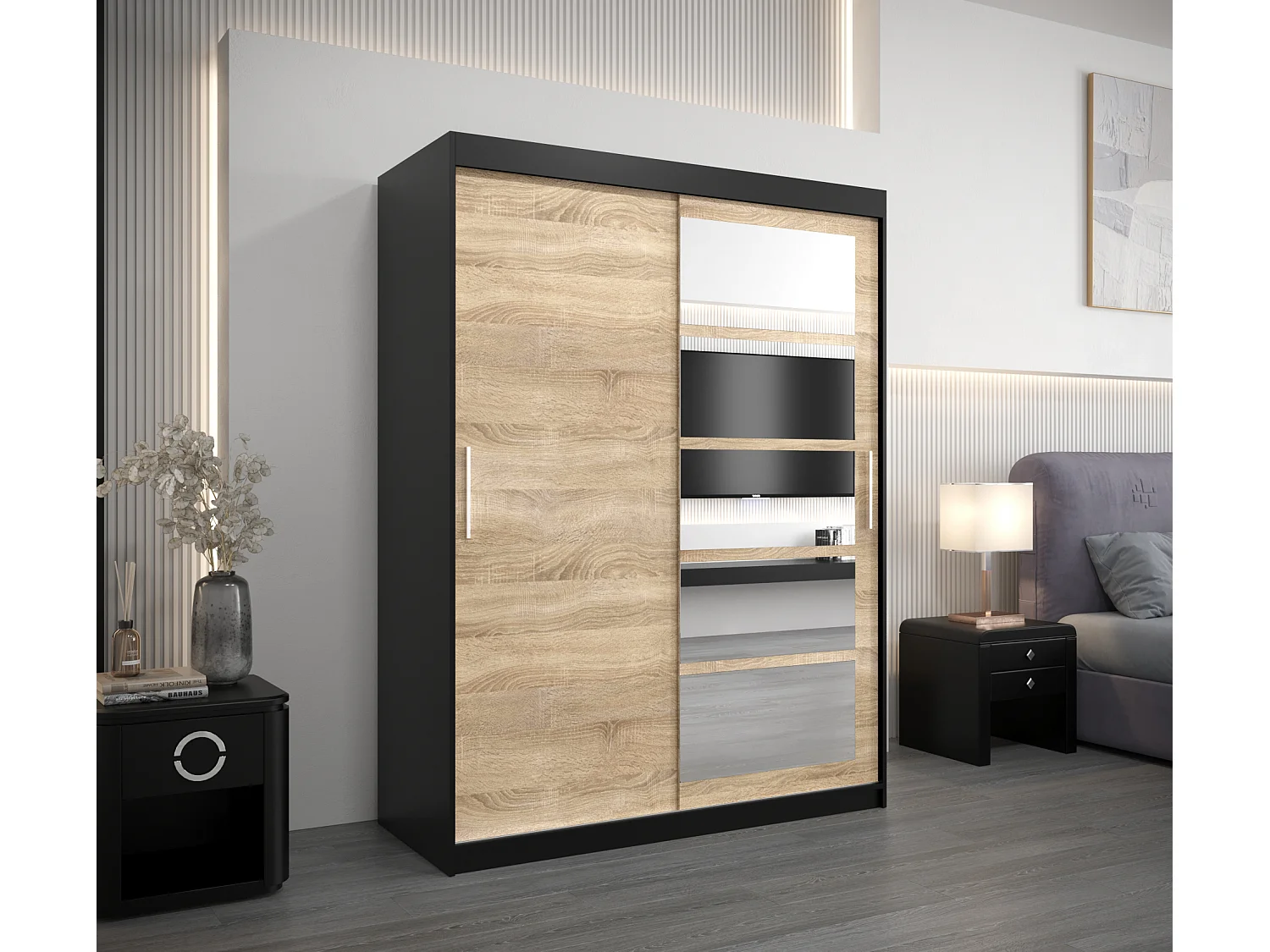 Armoire Roma 1 À Portes Coulissantes 200/150/62 2 portes (Noir/Sonoma)