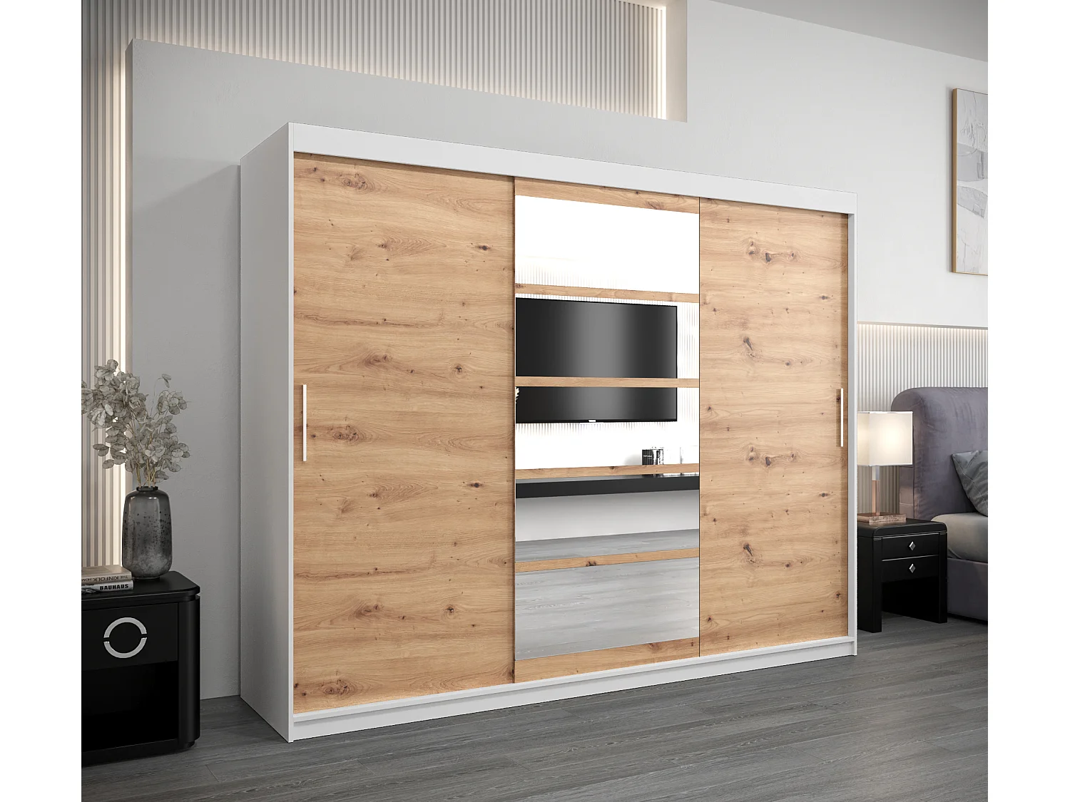 Armoire Roma 1 À Portes Coulissantes 200/250/62 3 Portes (Blanc/Artisan)