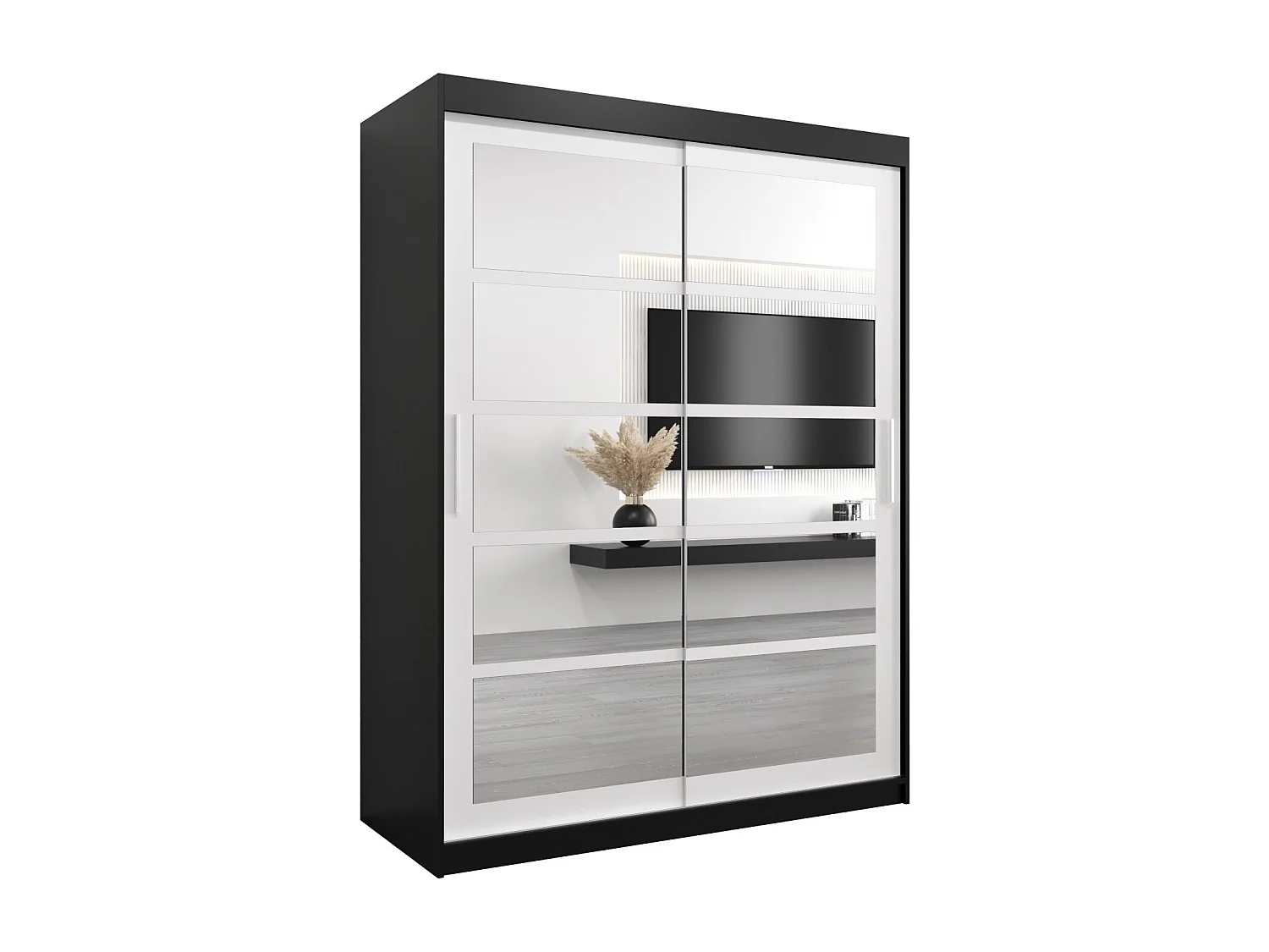 Schwebetürenschrank Roma 200/150/62 2-Türig (Schwarz/Weiß)