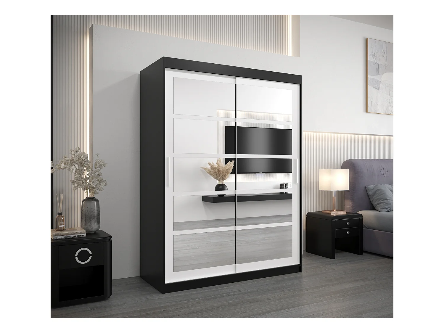 Armoire Roma 2 À Portes Coulissantes 200/150/62 2 portes (Noir/Blanc)