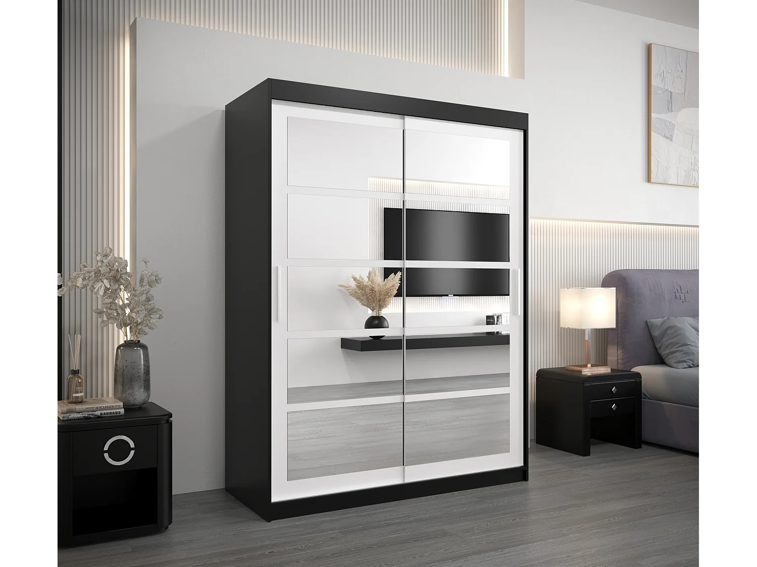 Armoire Roma 2 À Portes Coulissantes 200/150/62 2 portes (Noir/Blanc)