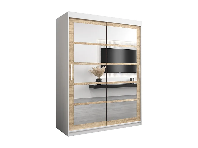 Schwebetürenschrank Roma 200/150/62 2-Türig (Weiß/Sonoma)