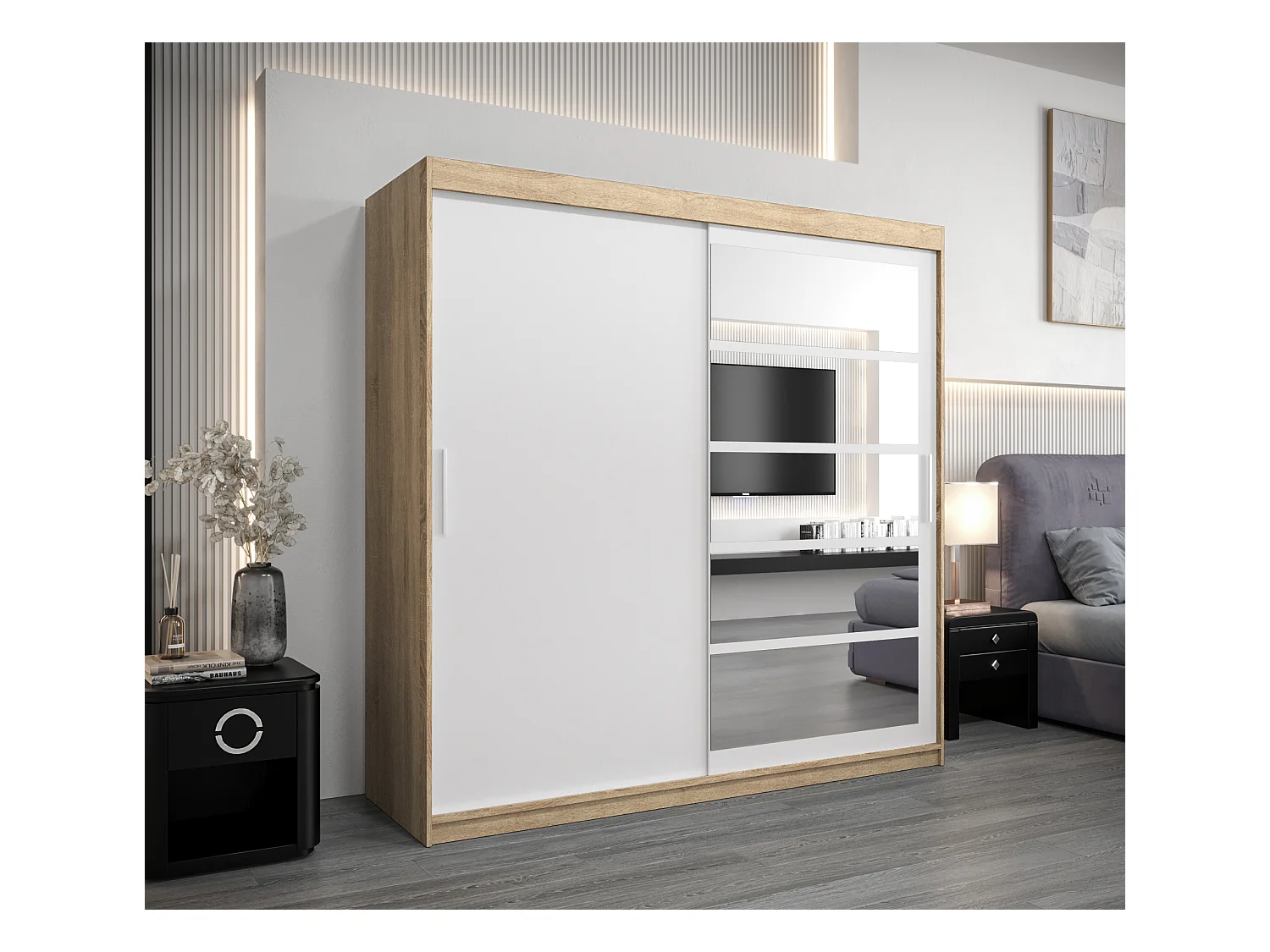 Schwebetürenschrank Roma 200/200/62 2-Türig (Sonoma/Weiß)