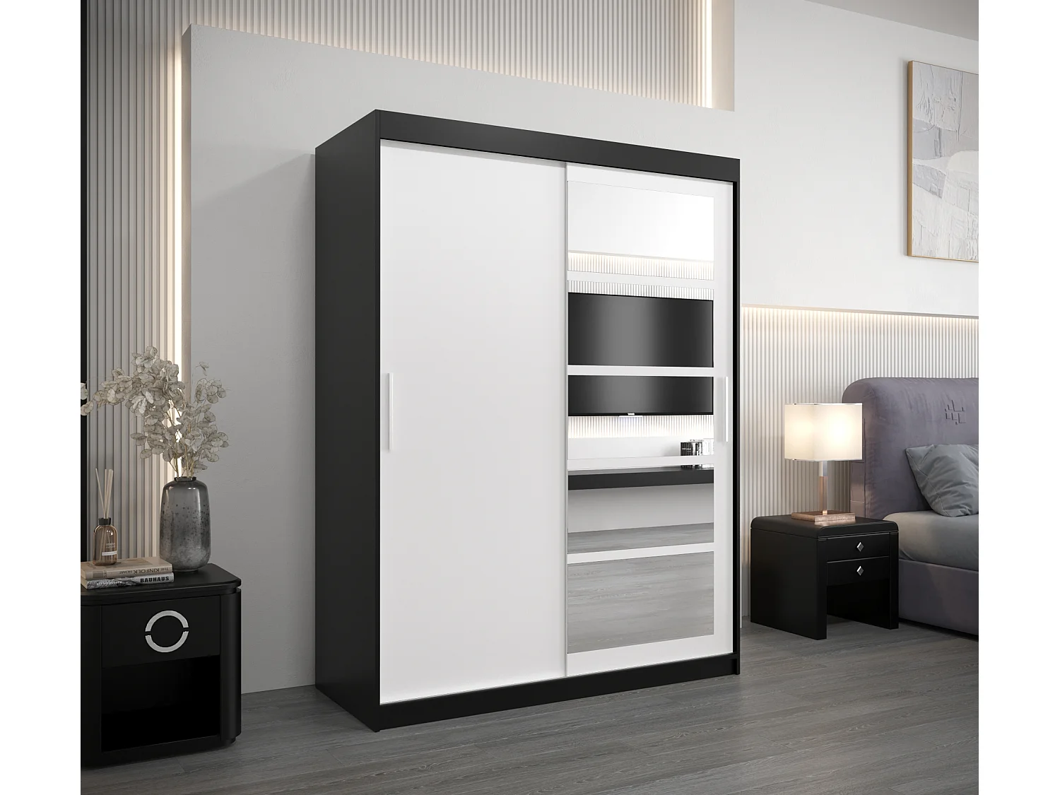 Armoire Roma 1 À Portes Coulissantes 200/150/62 2 portes (Noir/Blanc)