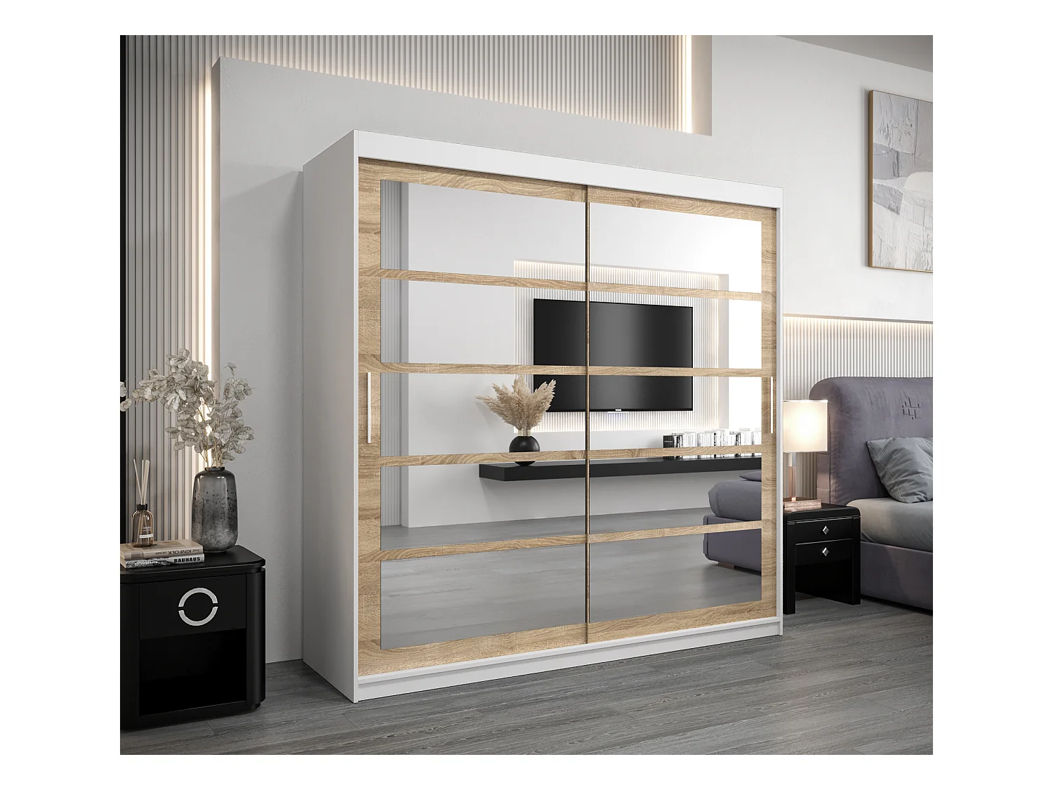 Armoire Roma 2 À Portes Coulissantes 200/200/62 2 portes (Blanc/Sonoma)